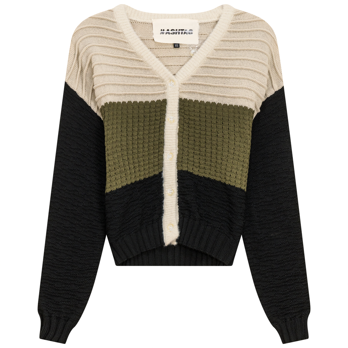 Cropped Knit Color Blocked Cardigan in Oatmeal Dark Olive Black by Hashtag