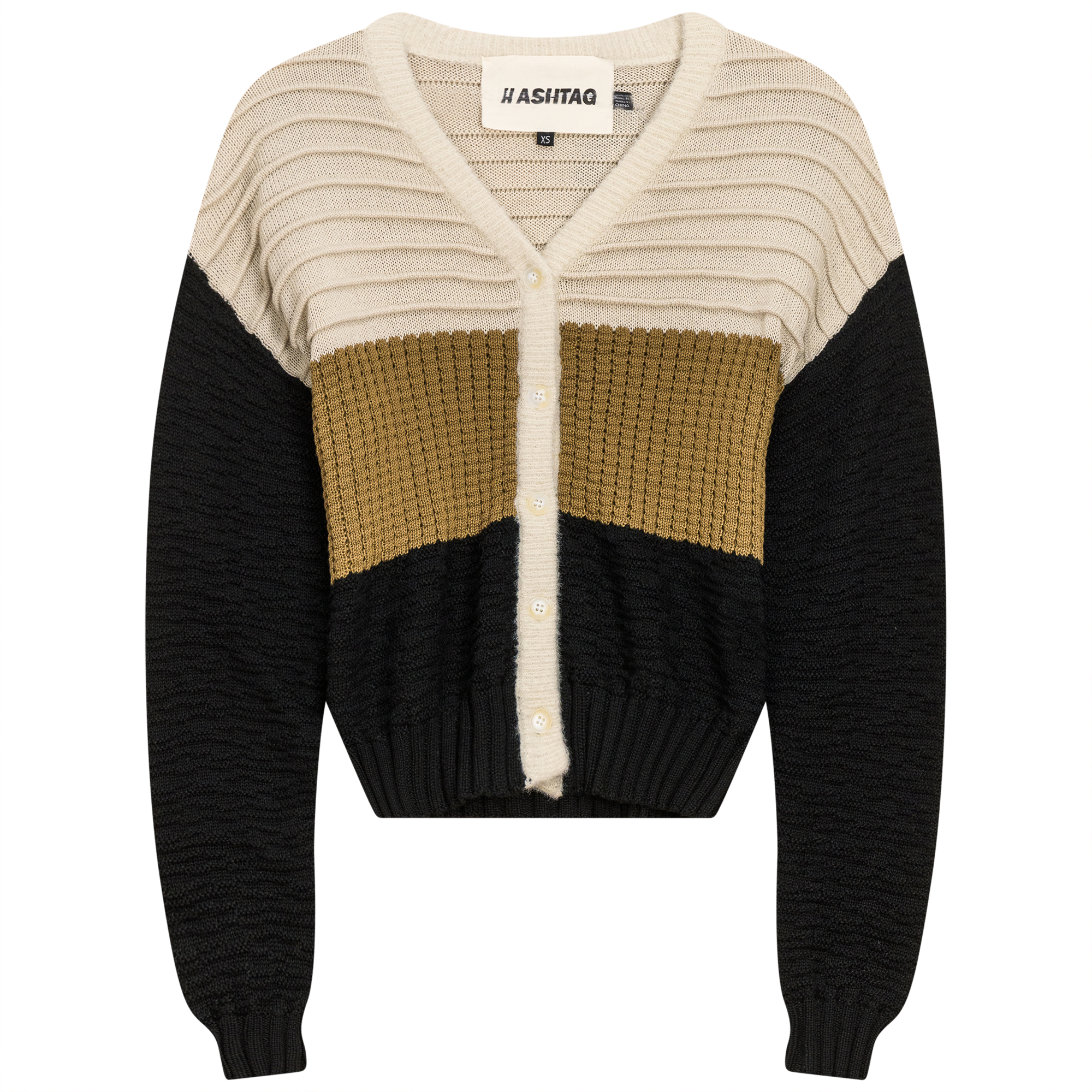 Cropped Knit Color Blocked Cardigan in Oatmeal Taupe Black by Hashtag