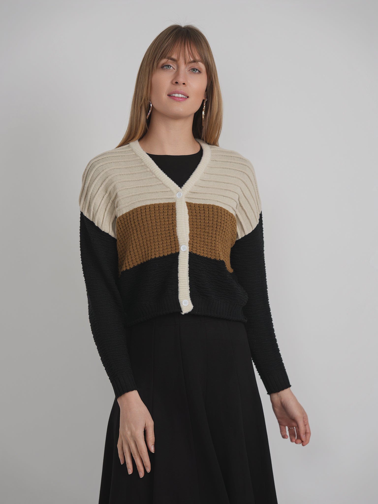 Cropped Knit Color Blocked Cardigan in by Hashtag