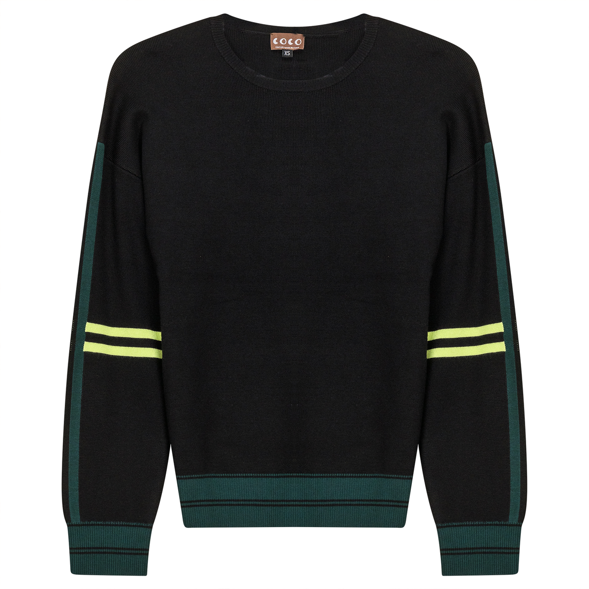 Knit Stripped Sleeve Drop Shoulder Sweater in Black Neon Green by Coco