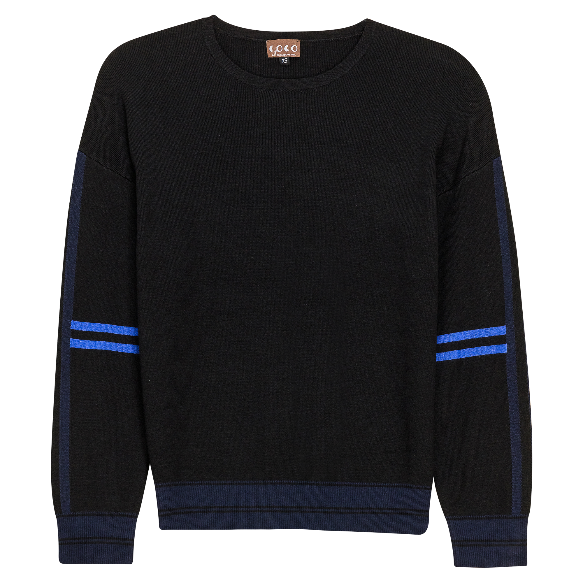 Knit Stripped Sleeve Drop Shoulder Sweater in Black Royal by Coco