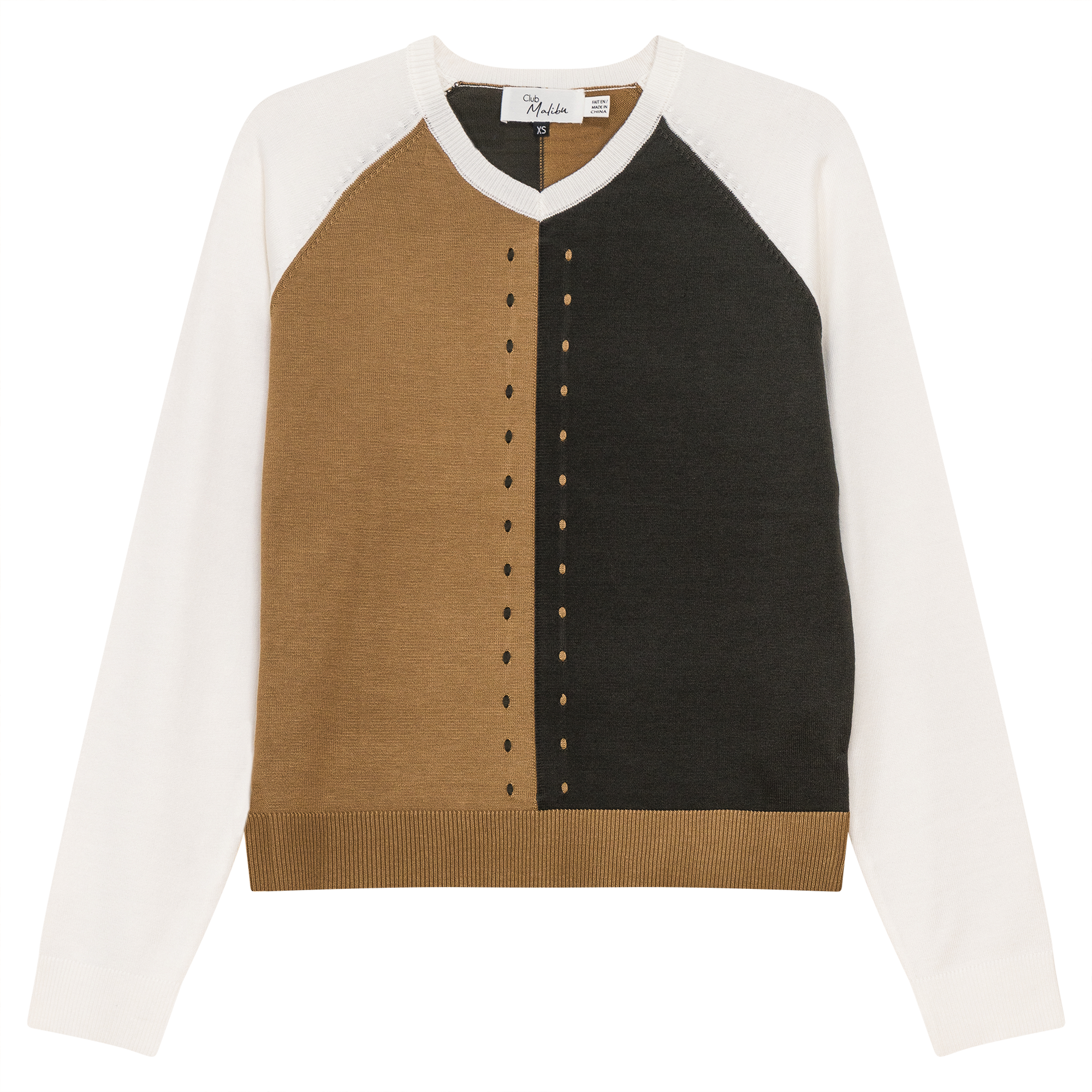 Color Blocked Knit Sweater in Light Taupe Dark Olive by Club Malibu