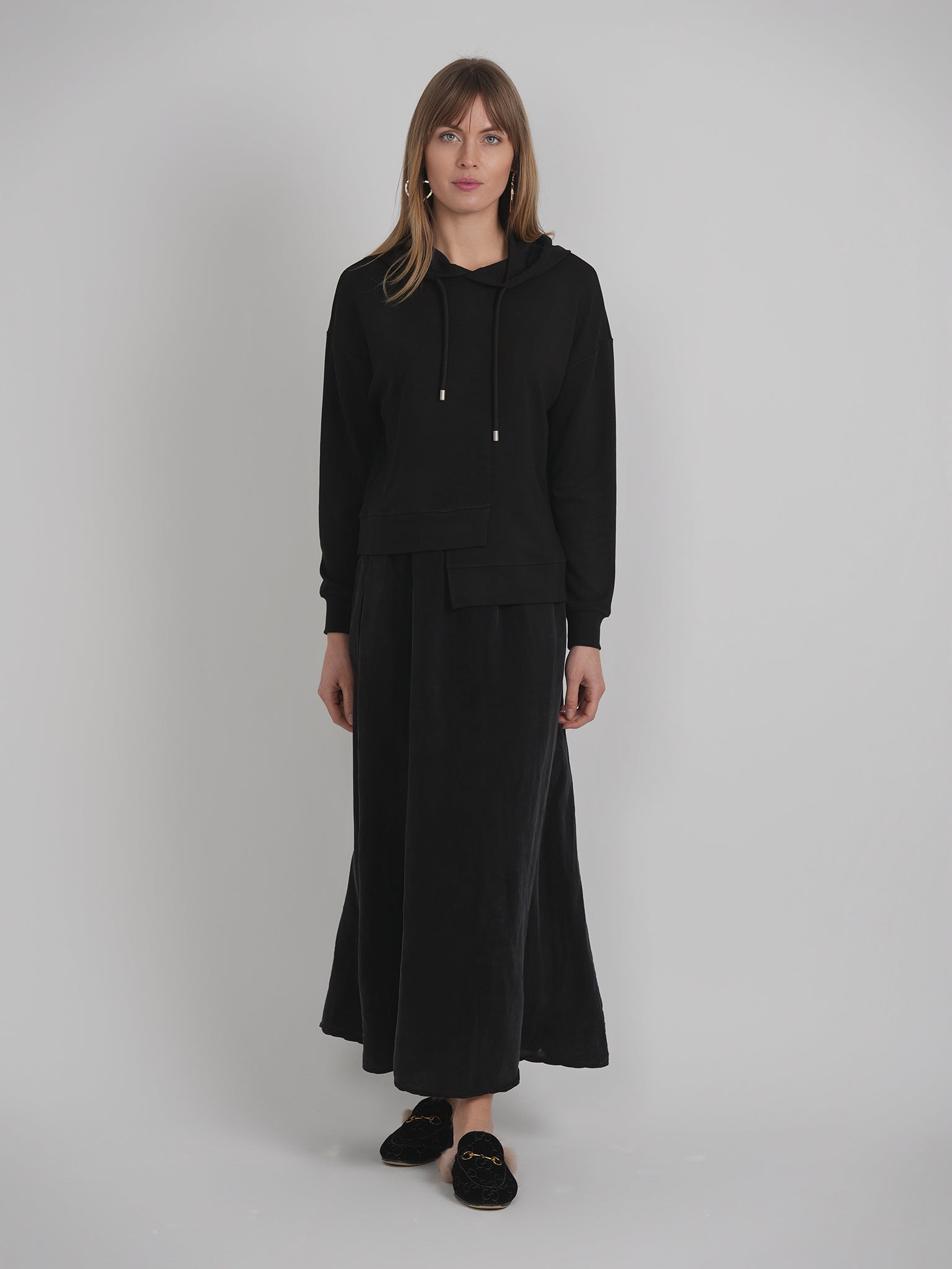 Asymmetrical French Fleece Hoodie in by Hashtag