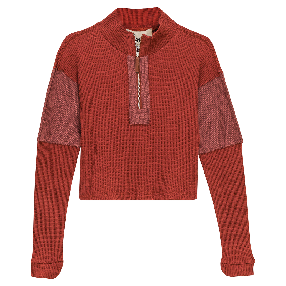 Cropped Zip Henley Sweatshirt in Brick by Hashtag