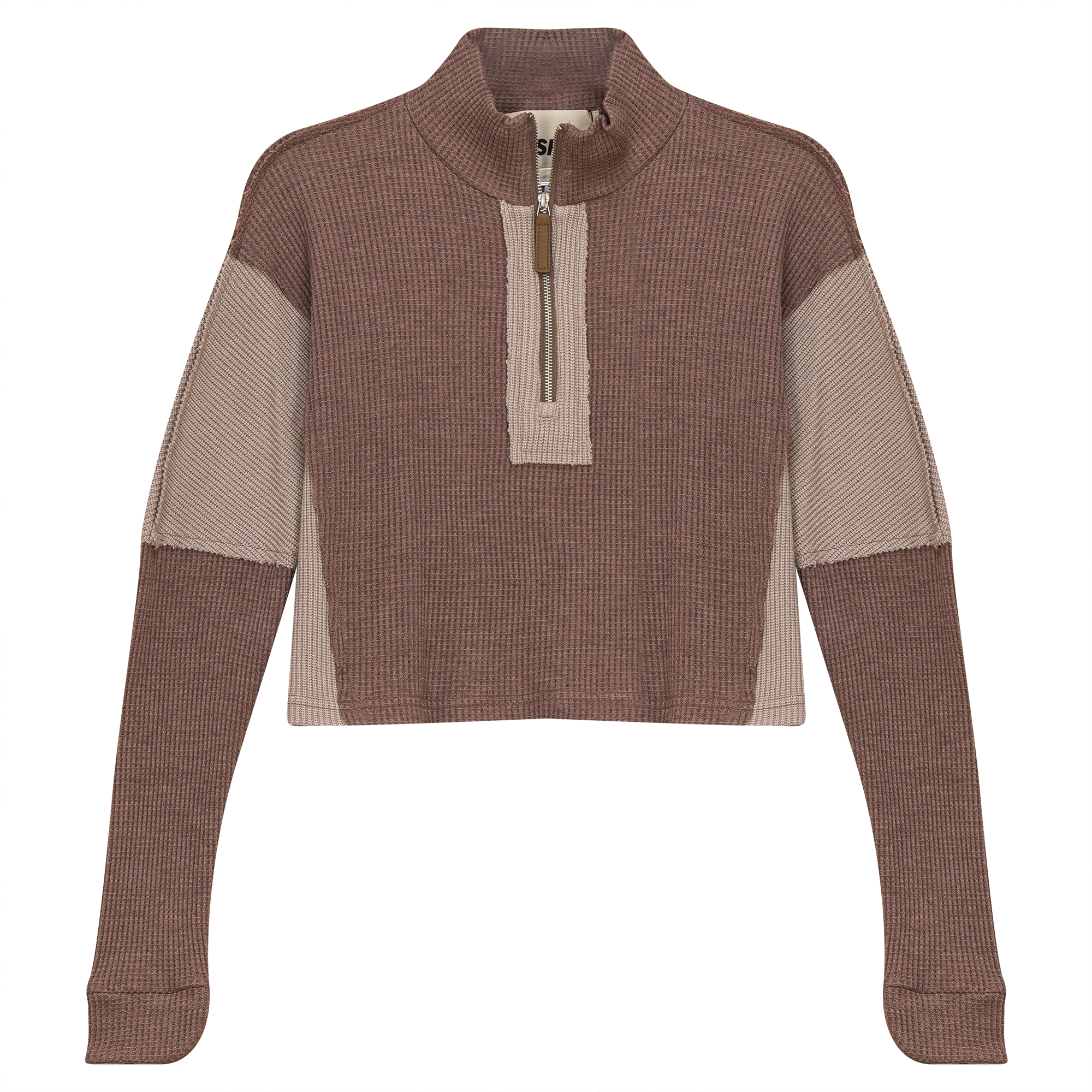 Cropped Zip Henley Sweatshirt in Mocha by Hashtag
