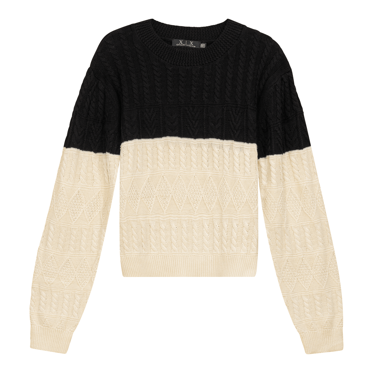 Cropped 2 Tone Cable Knit Sweater in Black Cream by Diciannove