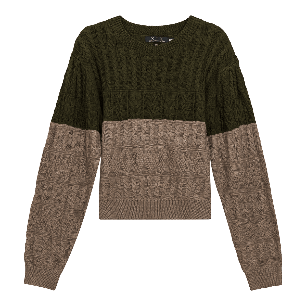 Cropped 2 Tone Cable Knit Sweater in Olive Stone by Diciannove