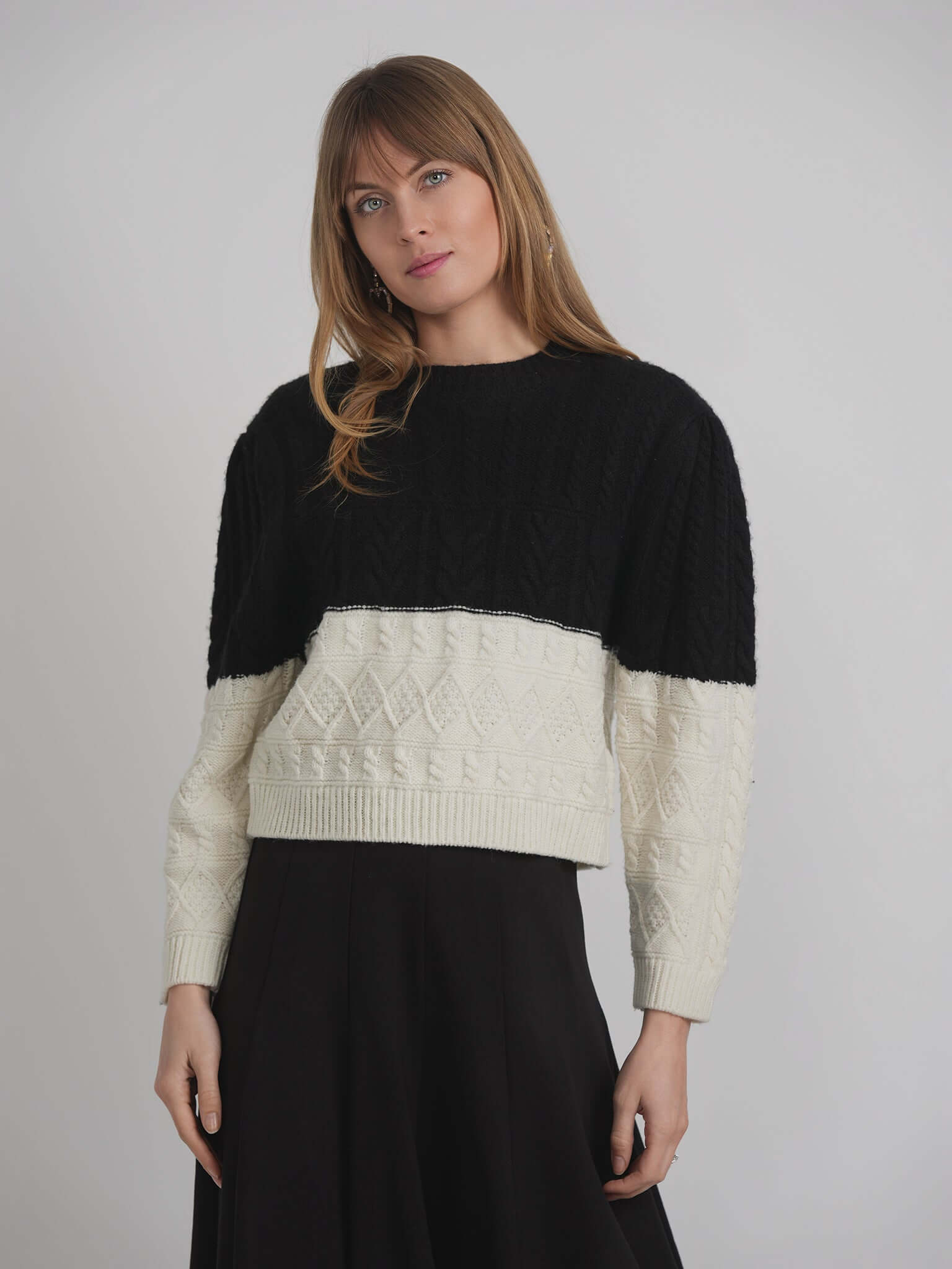 Cropped 2 Tone Cable Knit Sweater in by Diciannove
