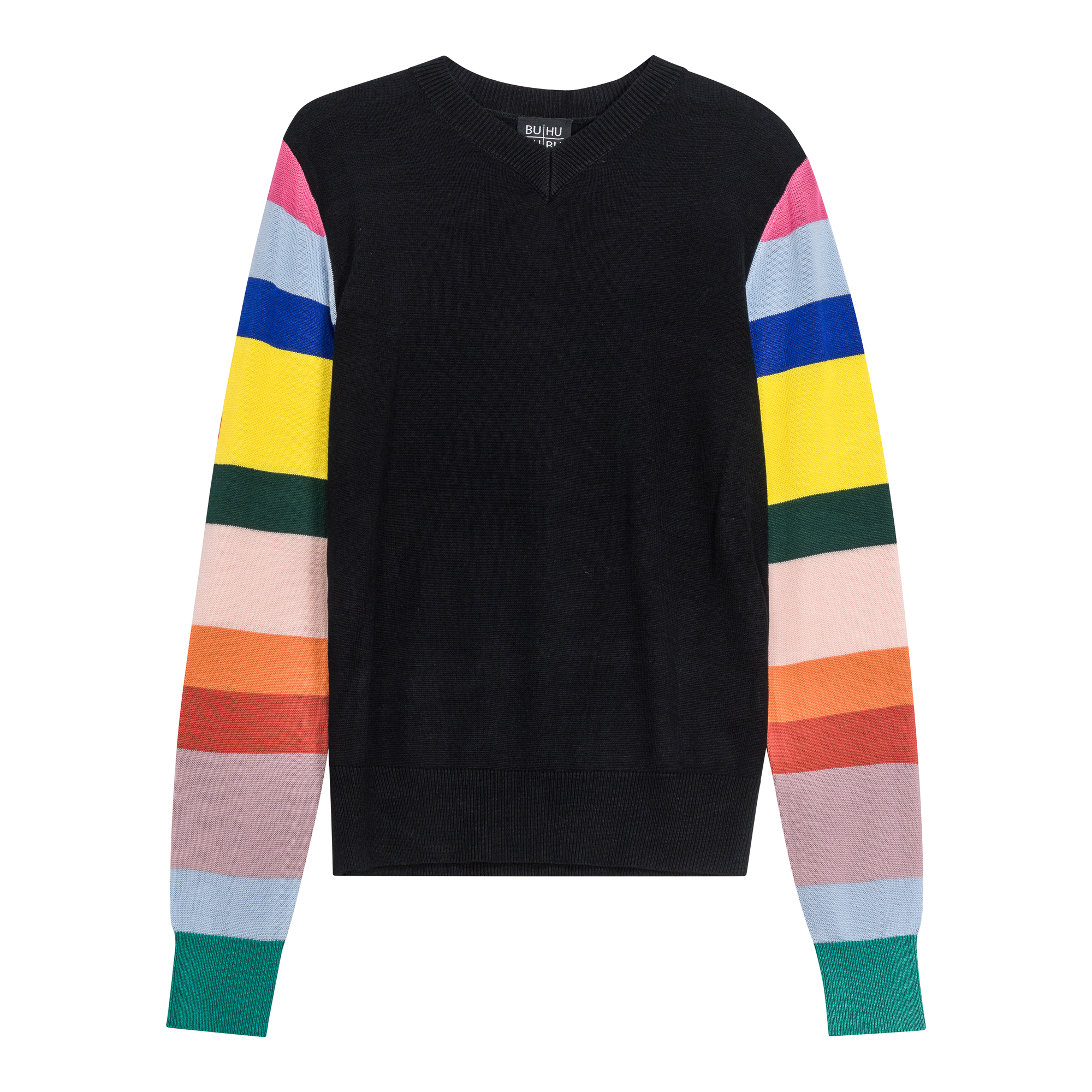 V Neck Sweater With Striped Sleeves in Black by BuHu