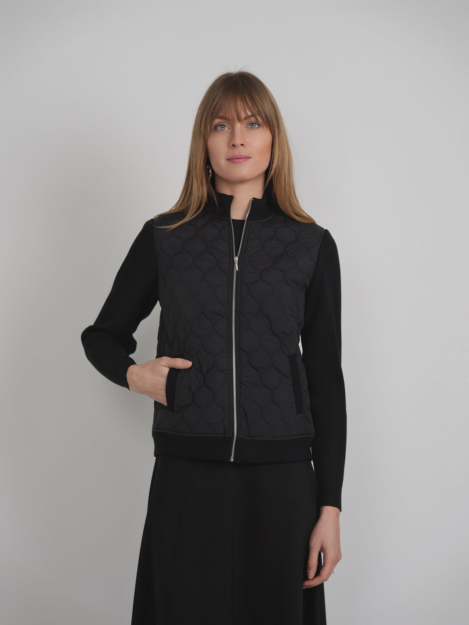 Quilted Bomber With Knit Sleeves in by Diciannove