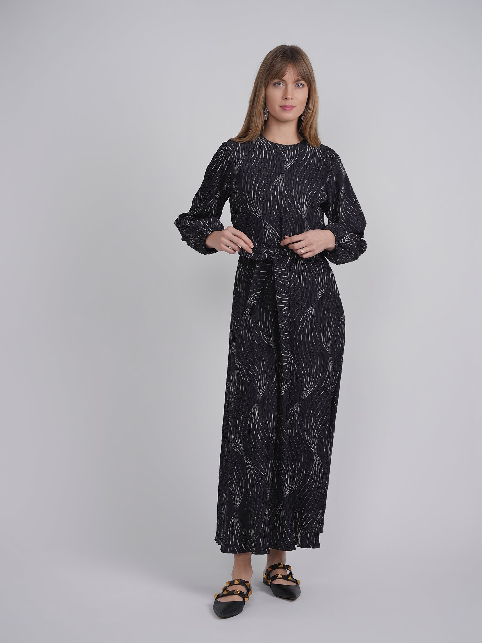 Crystal Pleated Printed Maxi Dess in by Club Malibu