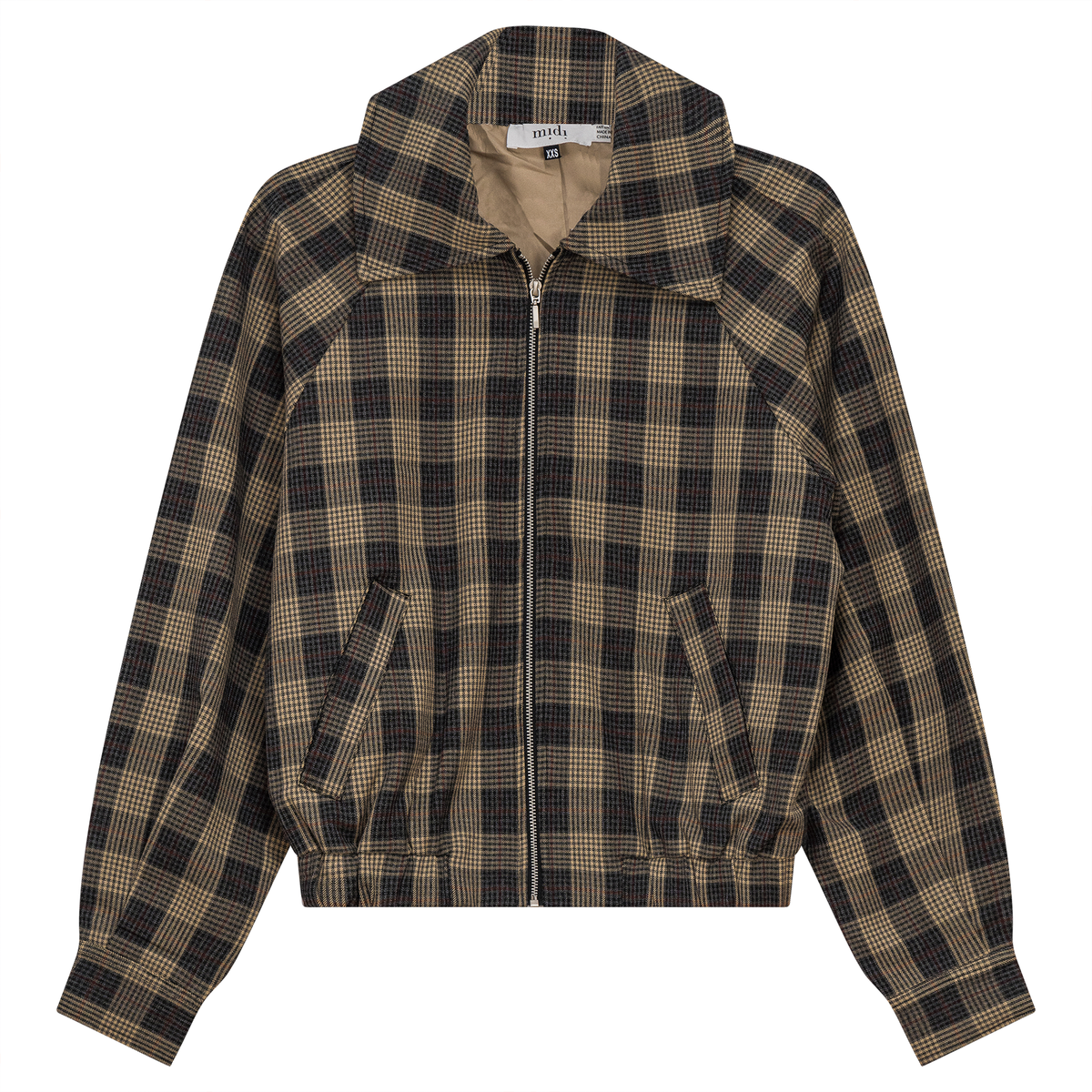 Croped Checkered Bomber Jacket in Black Taupe by Midi