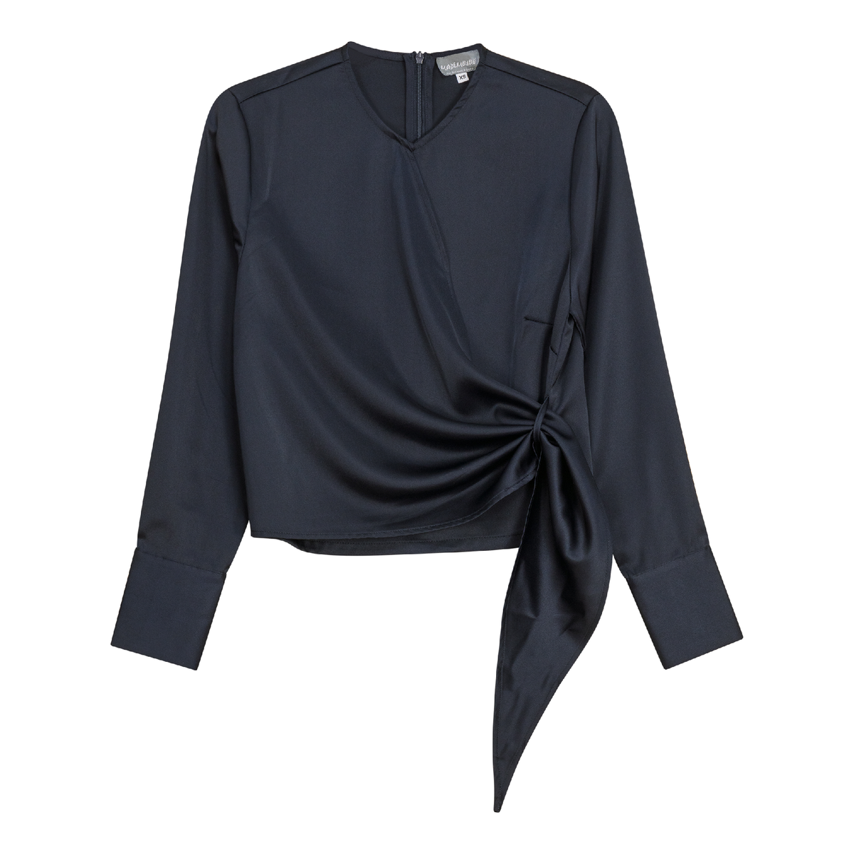 Satin Wrap Blouse in Dark Navy by Mademoiselle