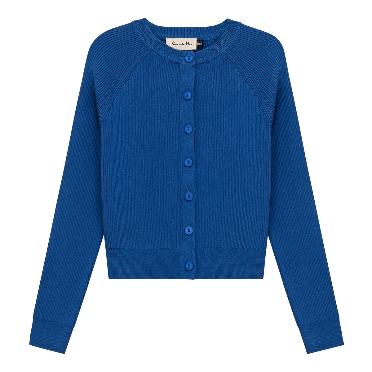 Cropped Ribbed Knit Cardigan in Medium Denim by Coco de la Mour