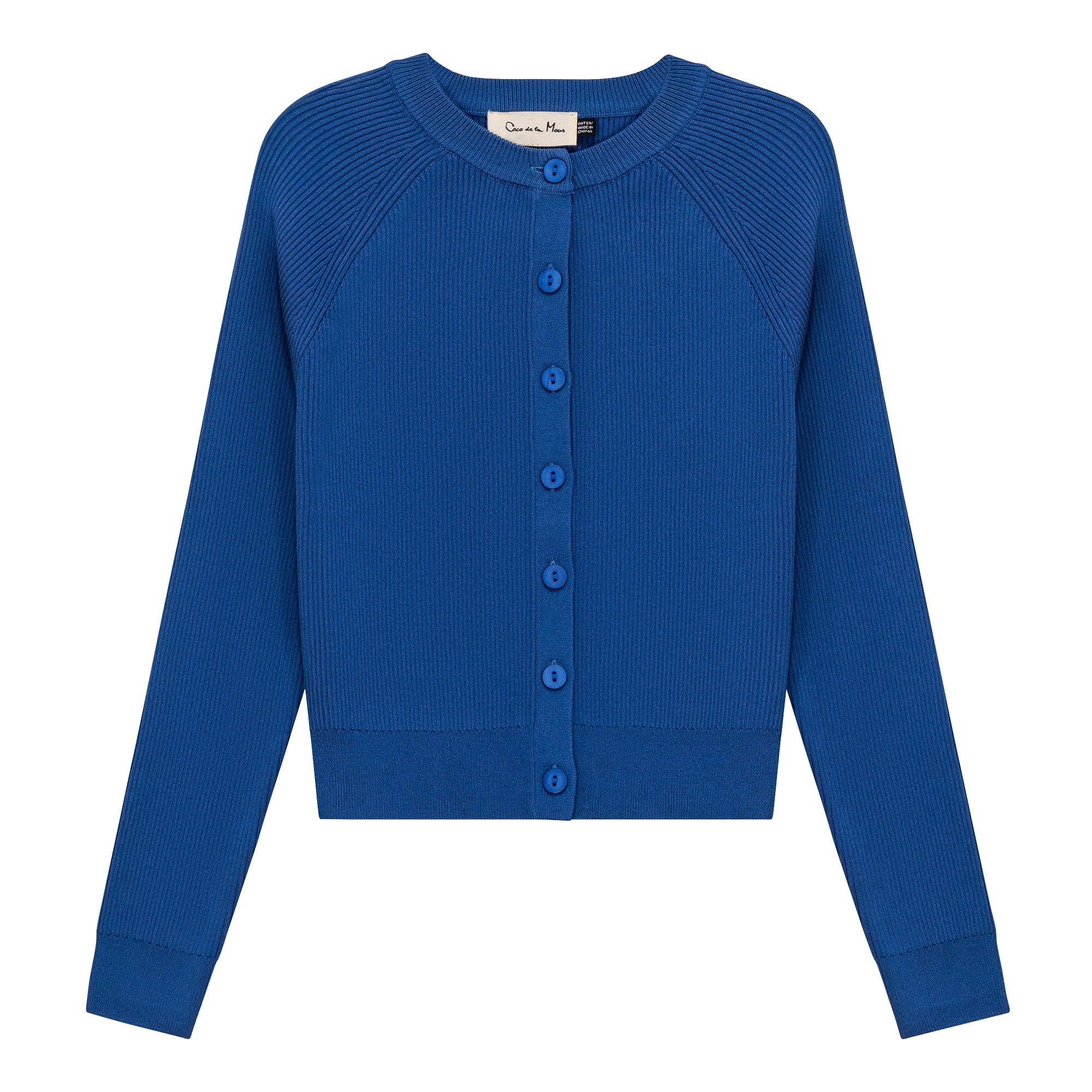 Cropped Ribbed Knit Cardigan in Medium Denim by Coco de la Mour
