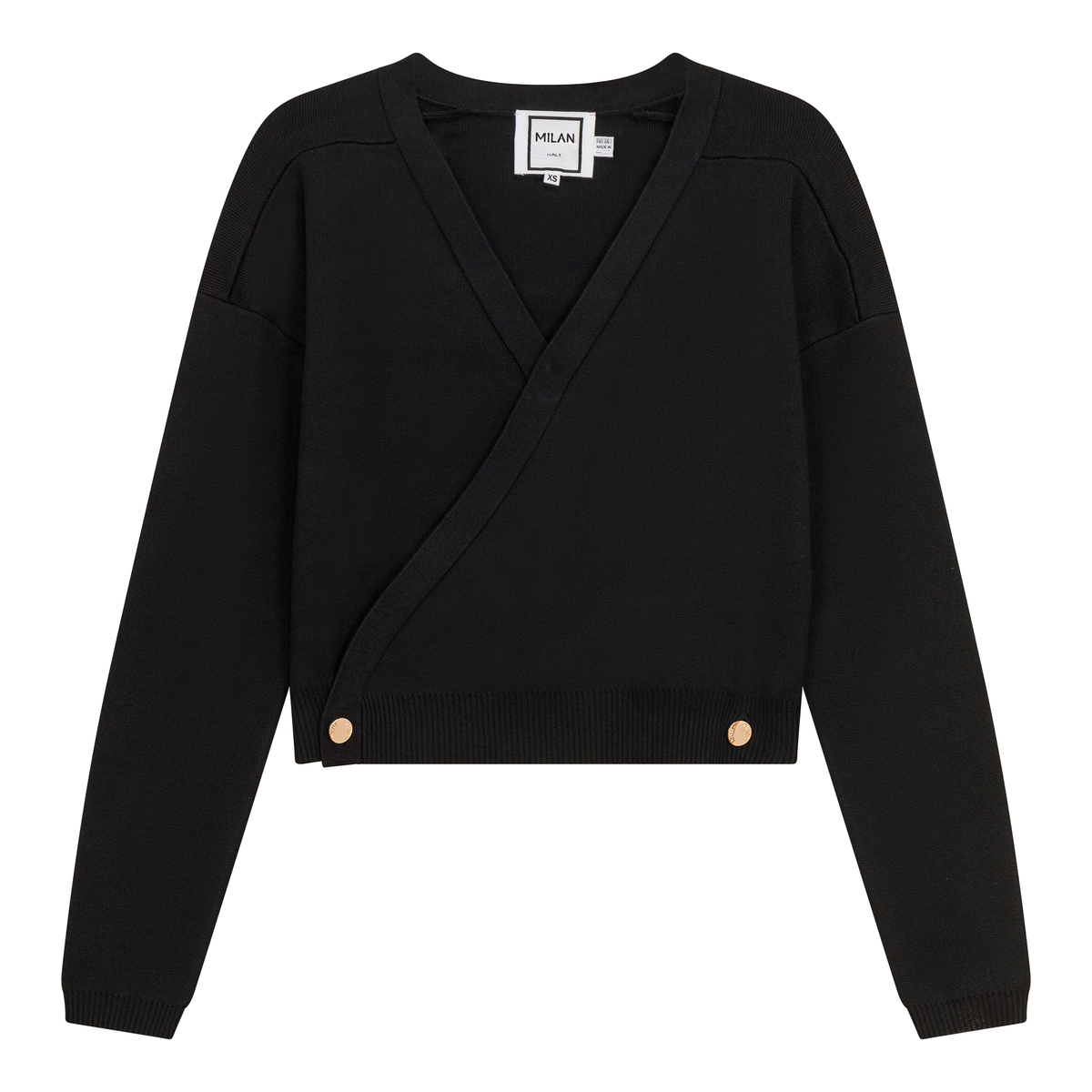 Cropped Double Breasted Wrap Sweater in Black by Milan Italy