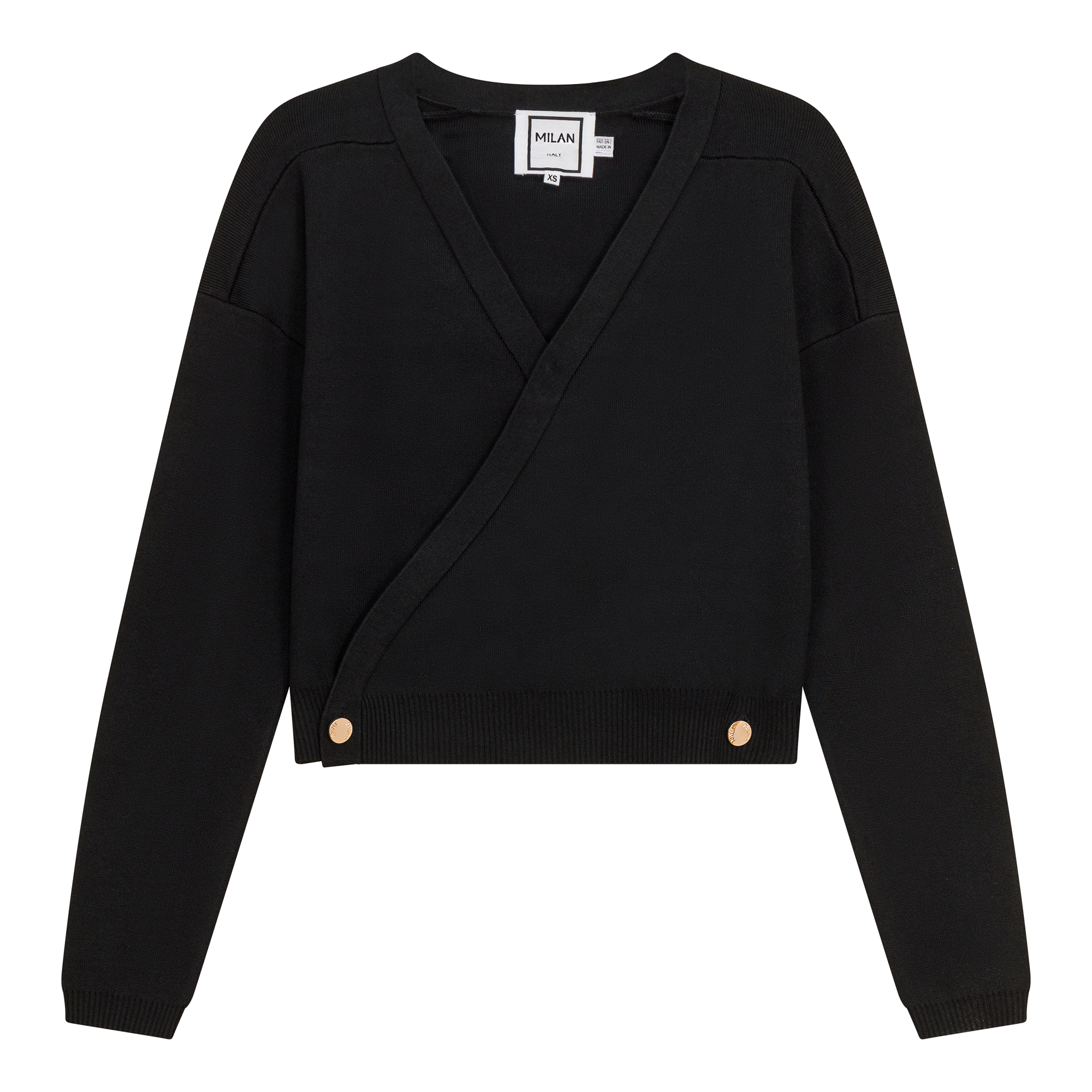 Cropped Double Breasted Wrap Sweater in Black by Milan Italy