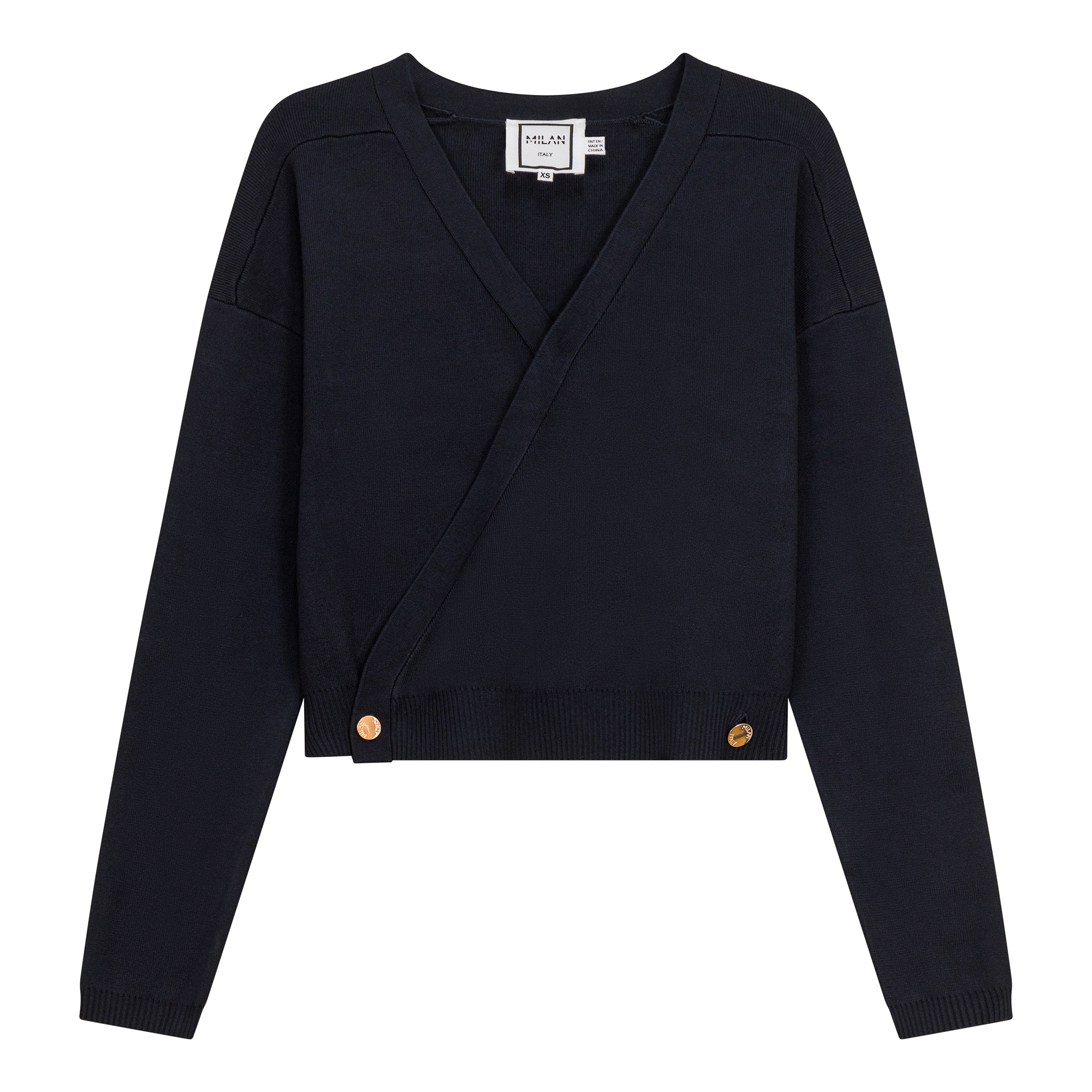 Cropped Double Breasted Wrap Sweater in Dark Navy by Milan Italy