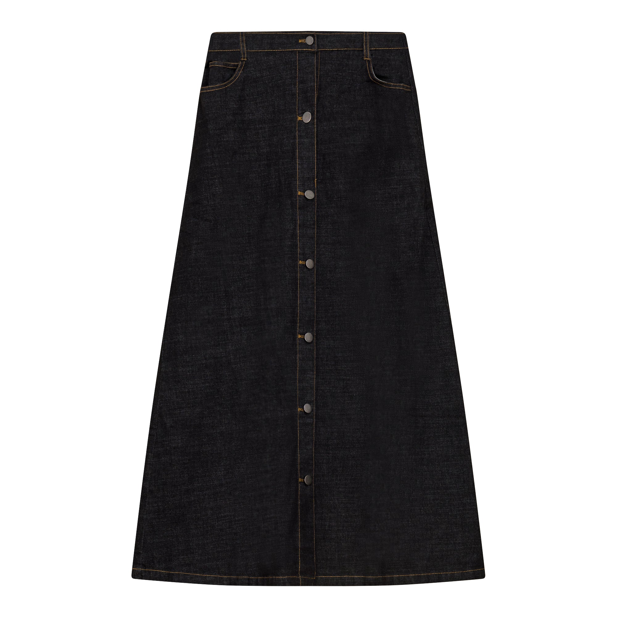 Maxi Denim Button Skirt in Black Wash by Faves