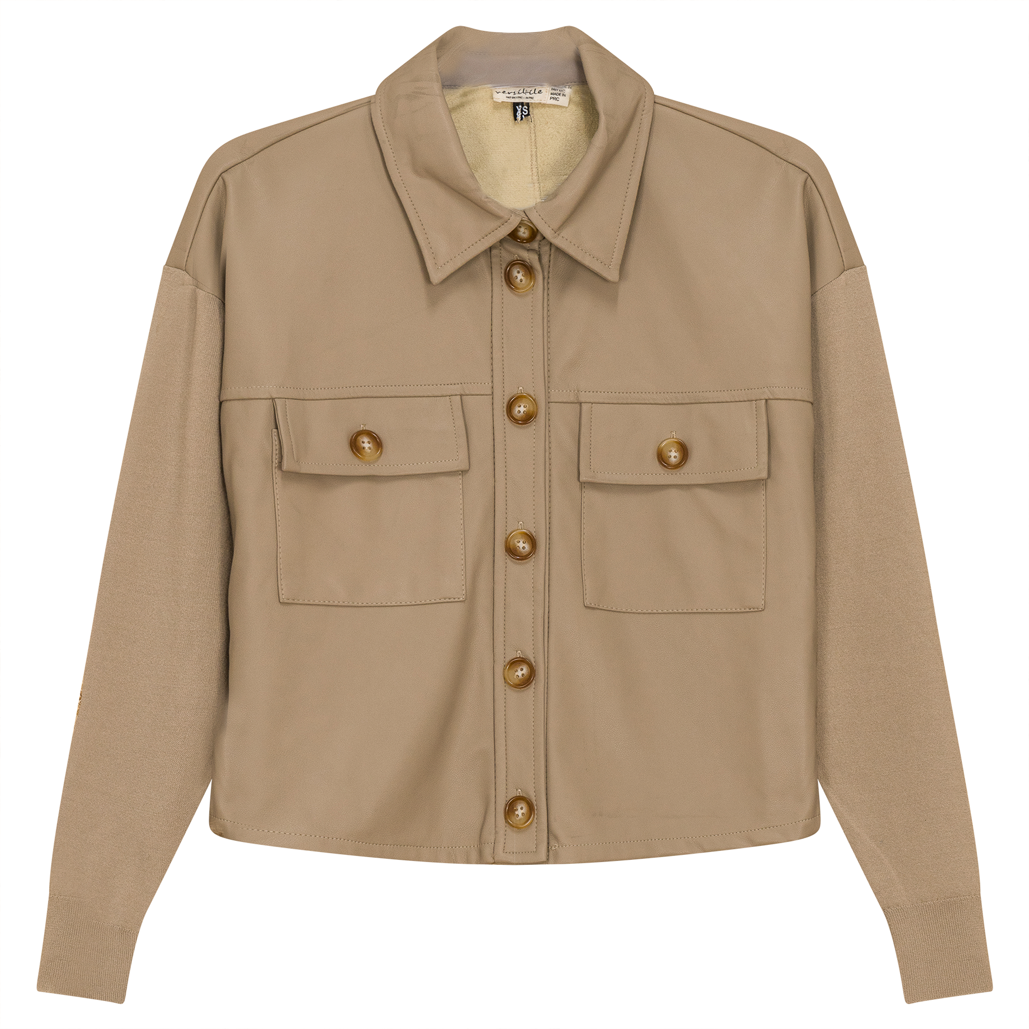 Cropped Leather Combo Jacket in Oatmeal by Versatile