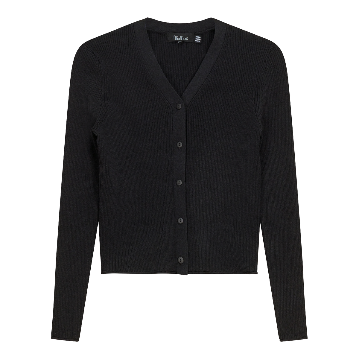 High V Cropped Ribbed Cardigan in Black by MiuMax