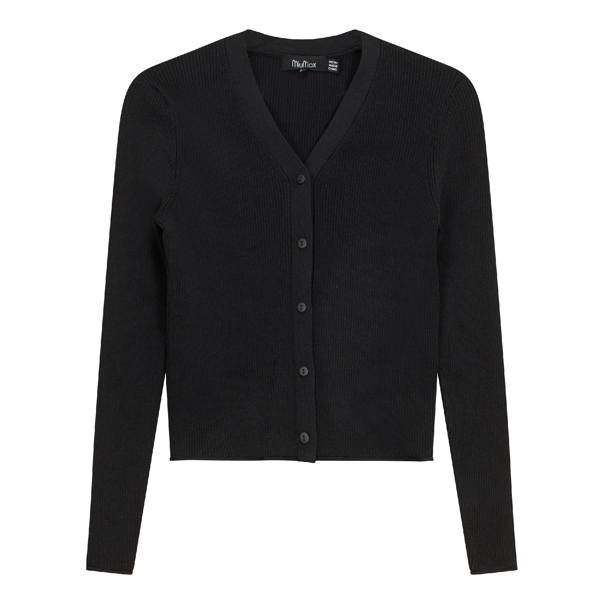 High V Cropped Ribbed Cardigan in Black by MiuMax