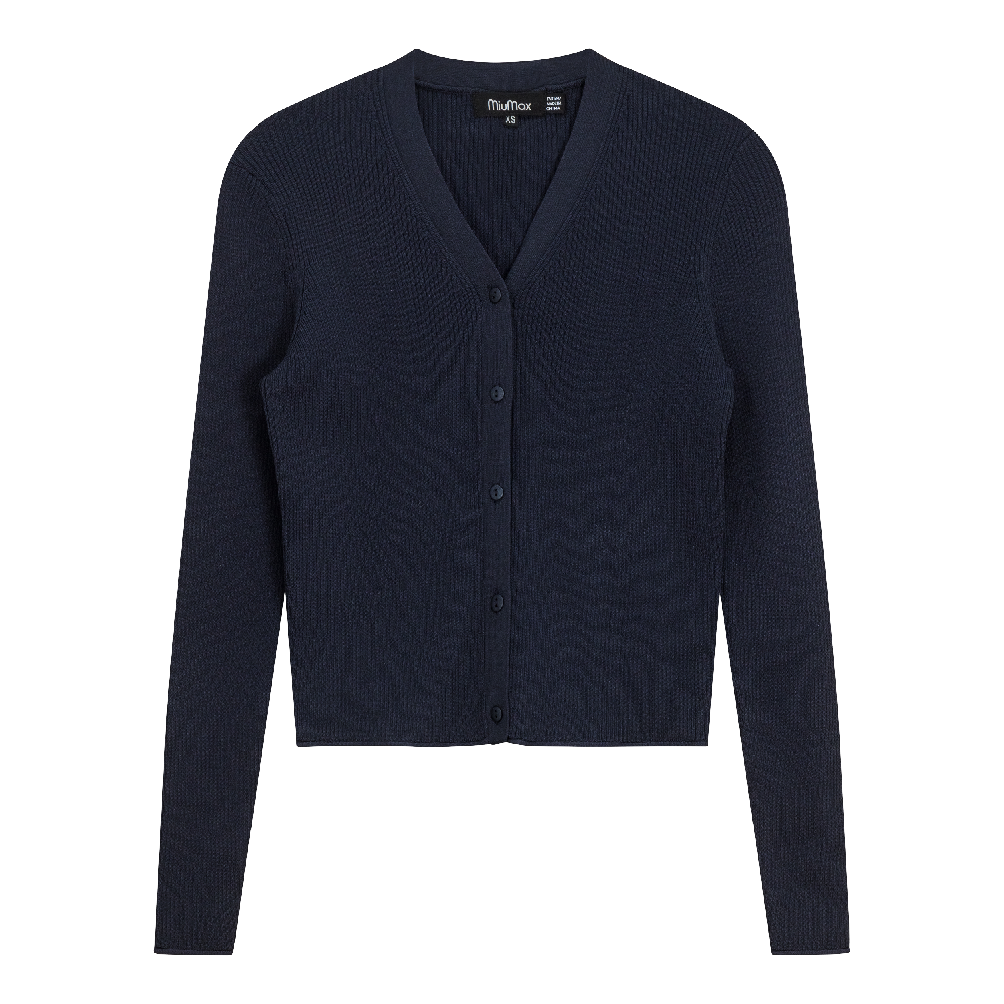High V Cropped Ribbed Cardigan in Dark Navy by MiuMax