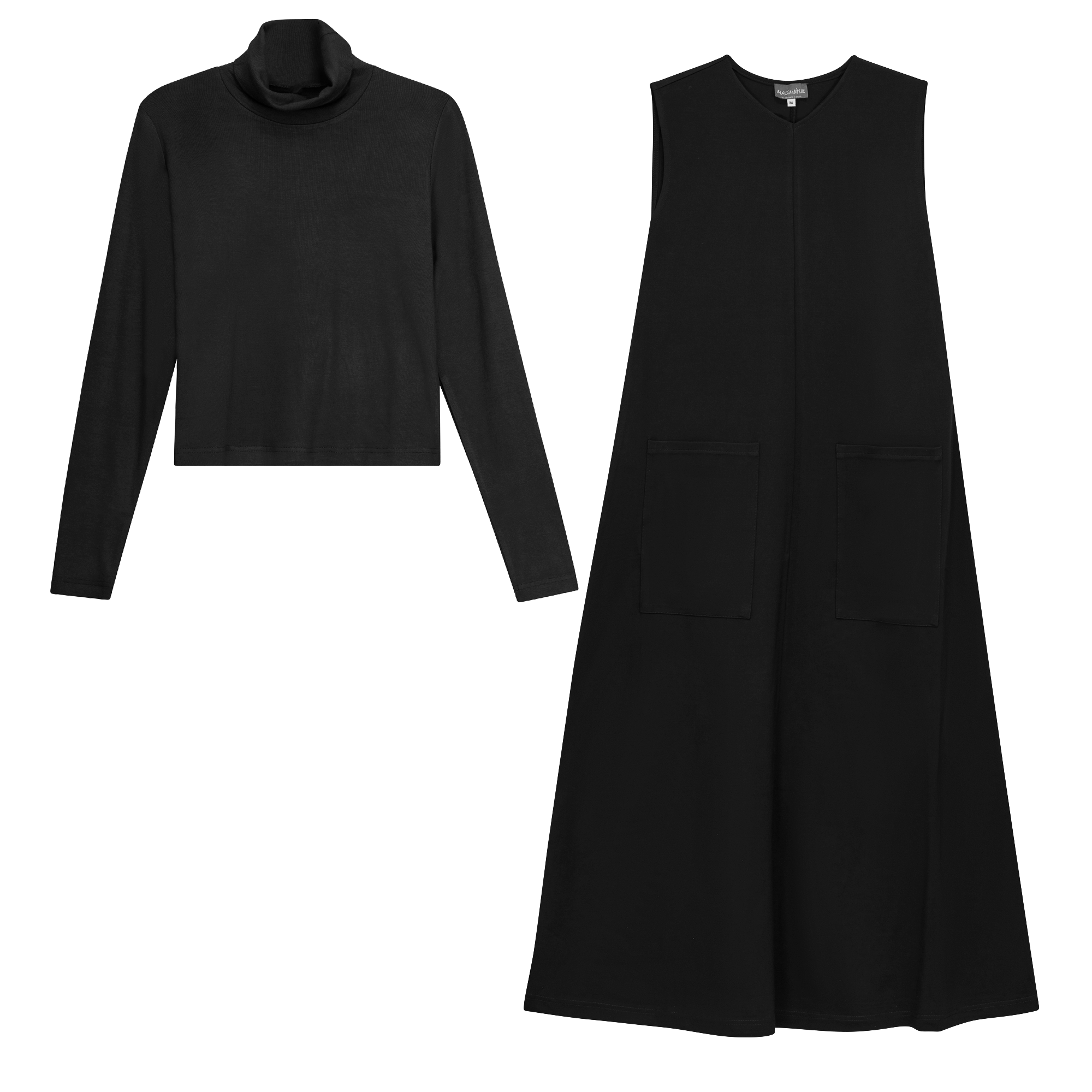 Stretch Midi Pocket Jumper With Matching Turtle Neck in Black by Mademoiselle