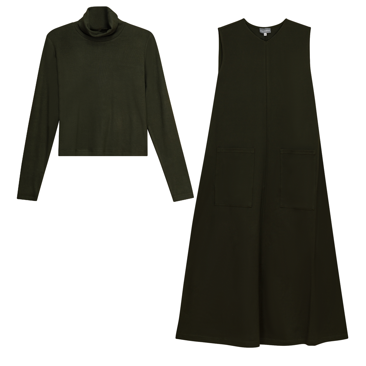 Stretch Midi Pocket Jumper With Matching Turtle Neck in Dark Olive by Mademoiselle