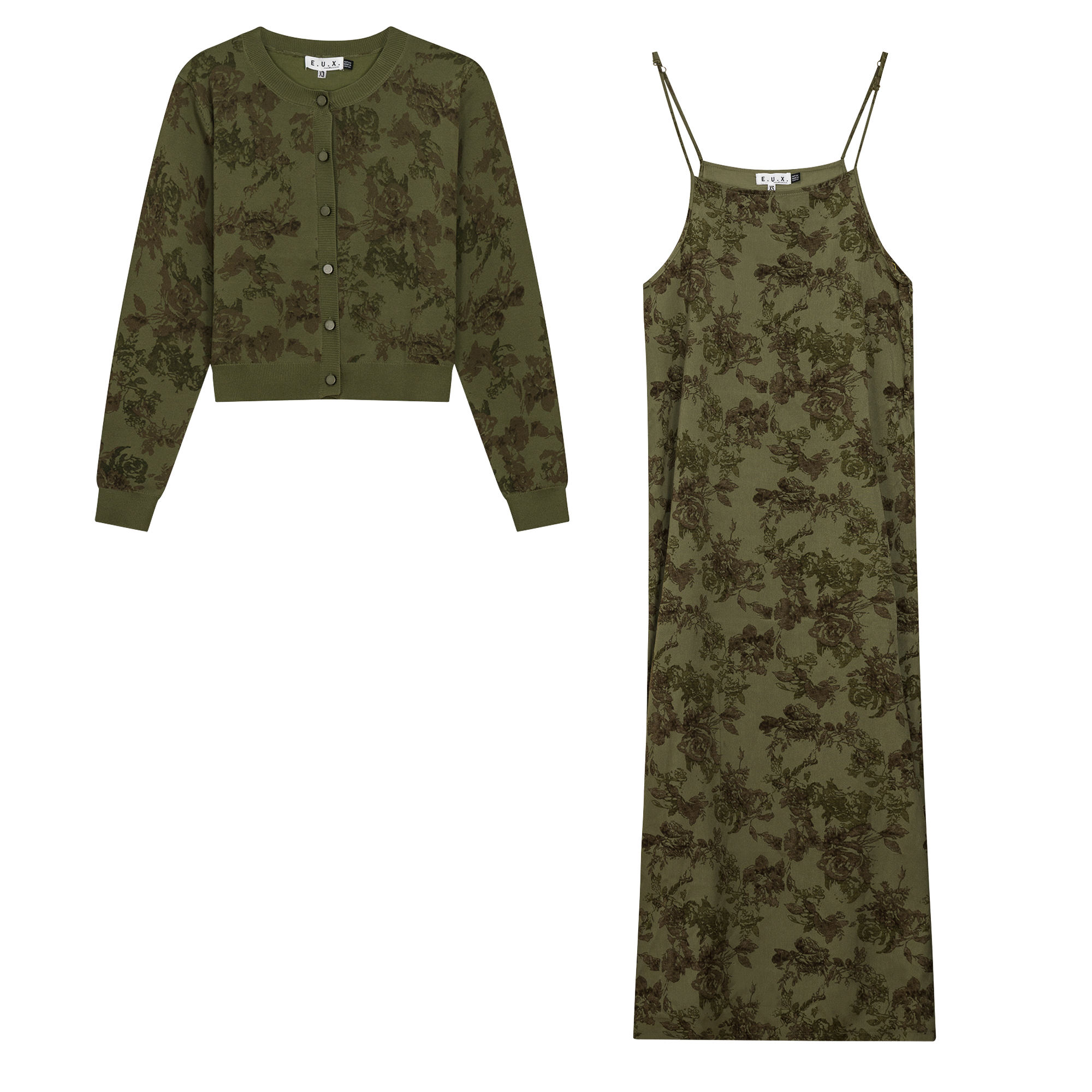Printed Jumper Knit Cardigan Set in Olive by E.U.X. Exclusive