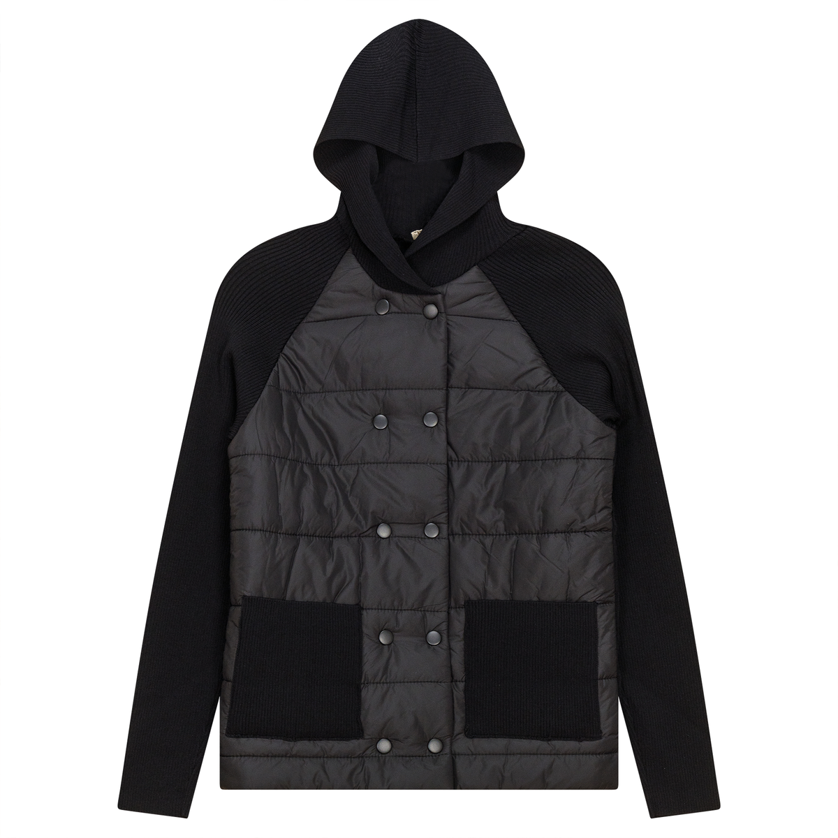 Double Breasted Quilted Knit Jacket in Black by Faves