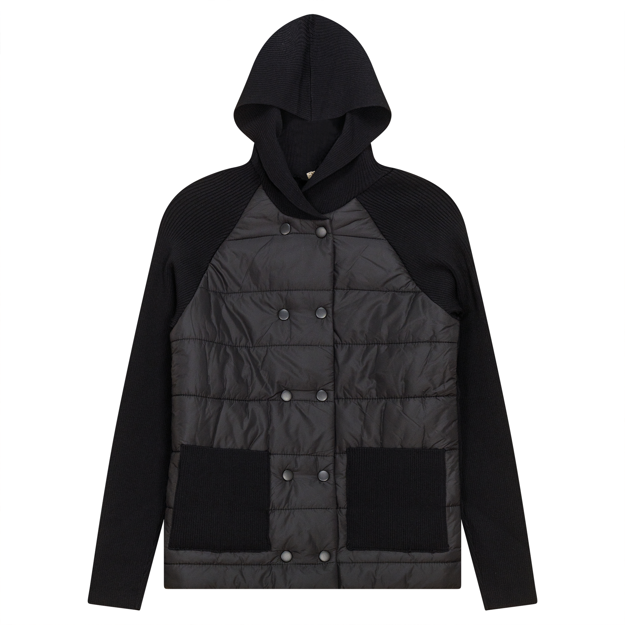 Double Breasted Quilted Knit Jacket in Black by Faves