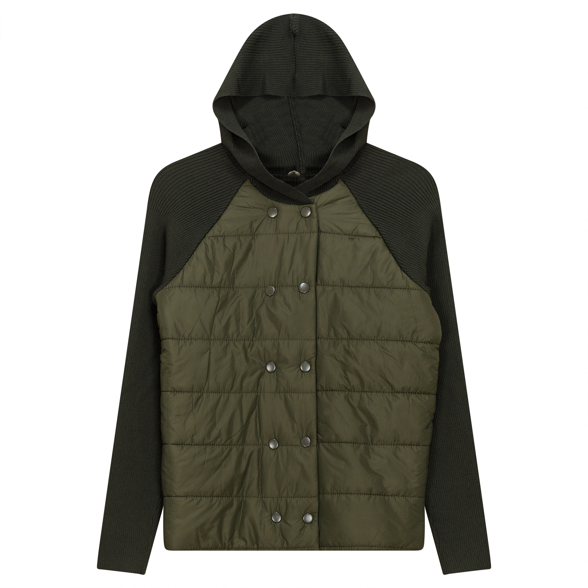 Double Breasted Quilted Knit Jacket in Dark Olive by Faves