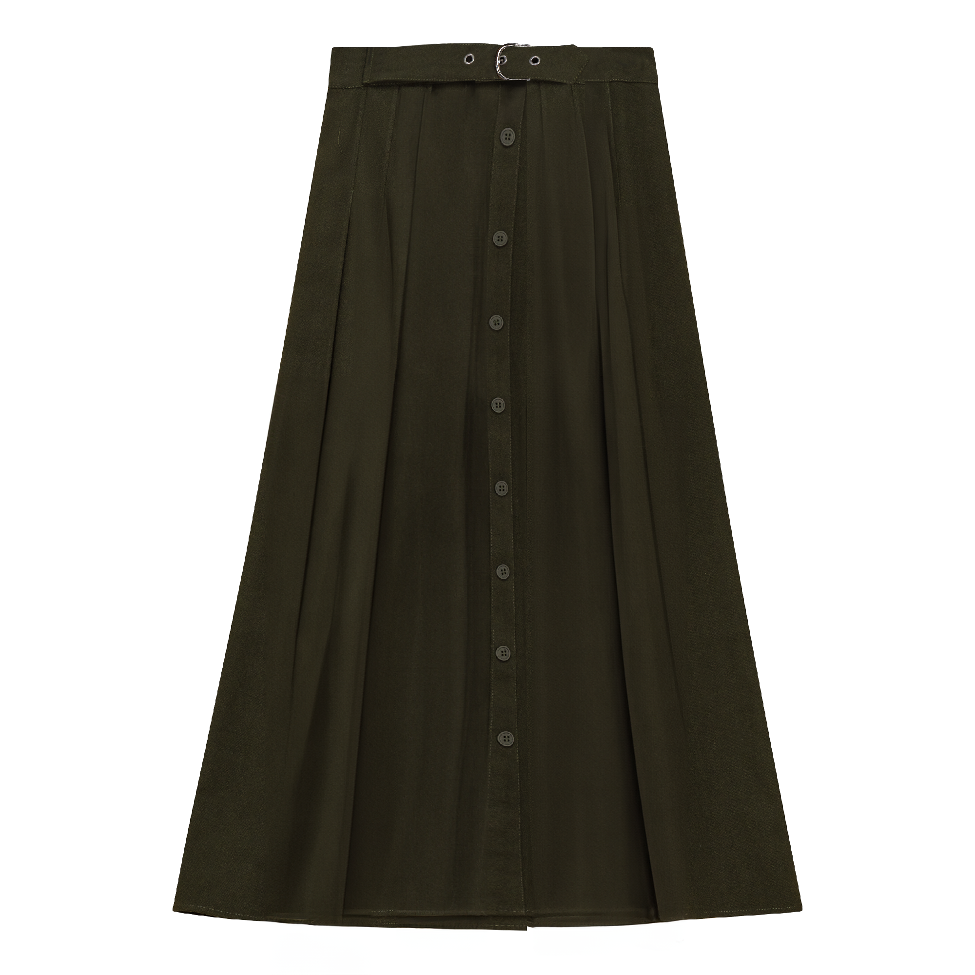 Side Pleated Wrap Midi Skirt in Dark Olive by Viva K