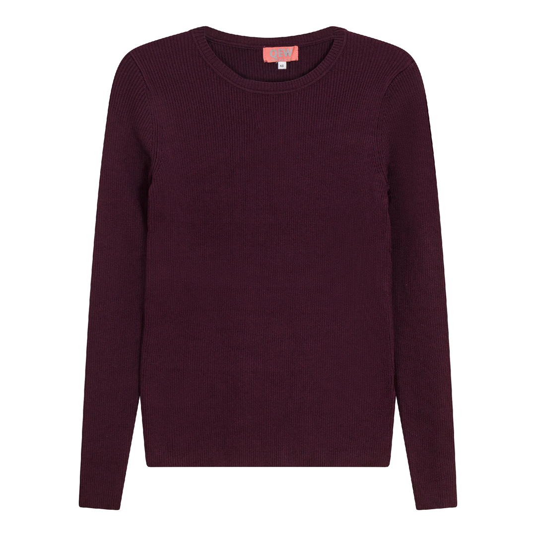 Ribbed Knit Crew Neck Sweater Dark Wine Ladies Pullover by {{ product_vemdor}}