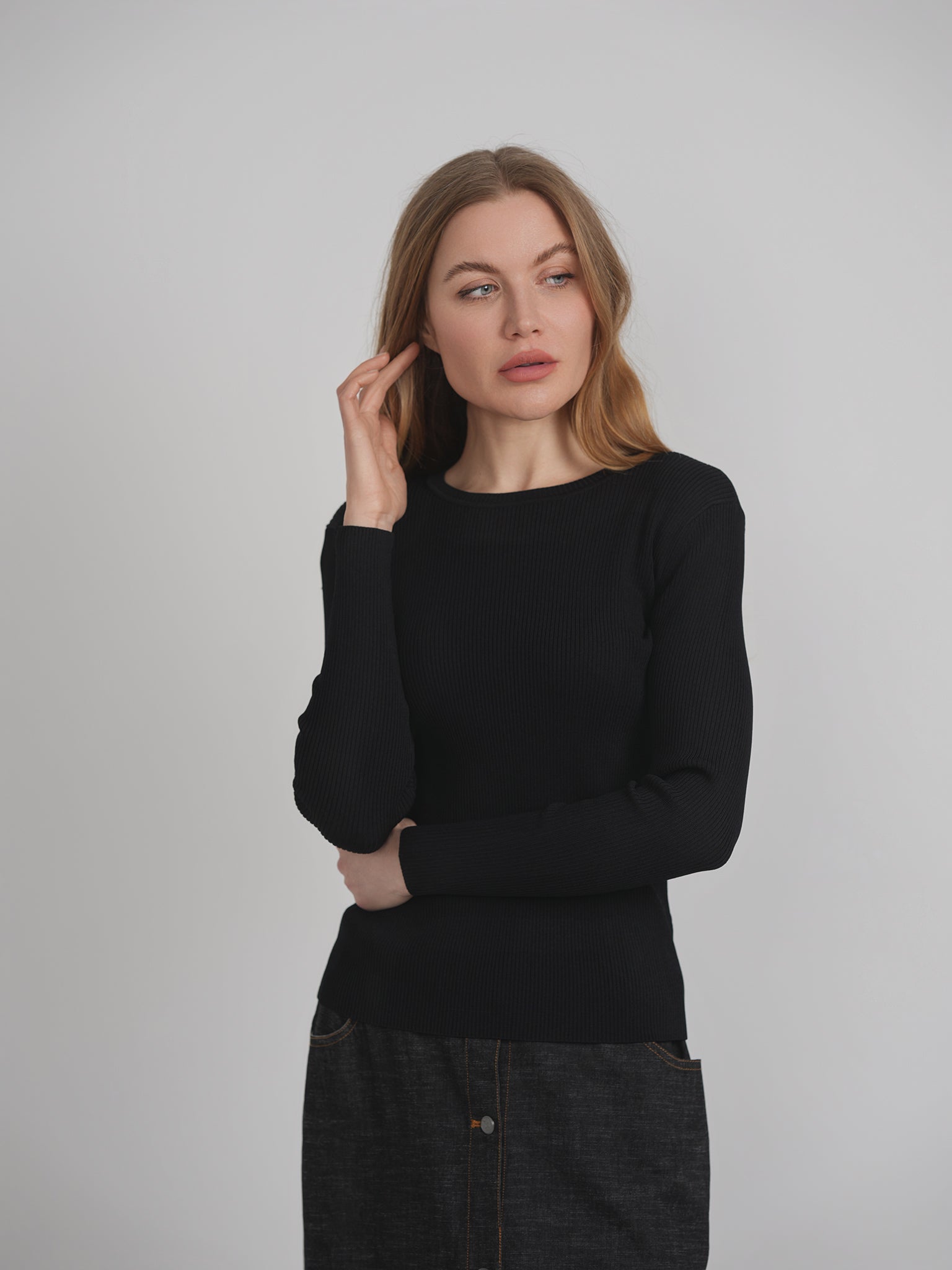 Ribbed Knit Crew Neck Sweater in by QEW