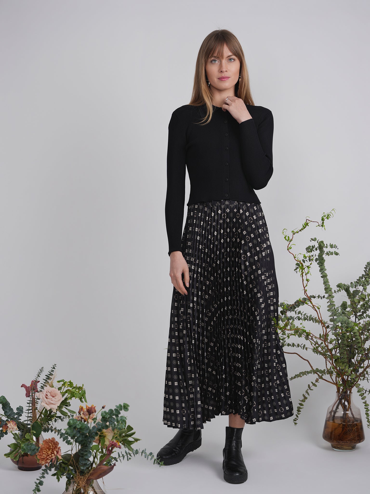 Accordian Pleated Abstract Midi Skirt in by Viva K