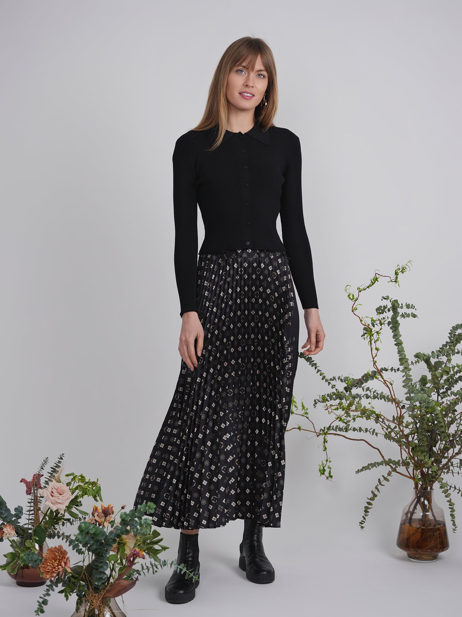 Accordian Pleated Abstract Midi Skirt in by Viva K