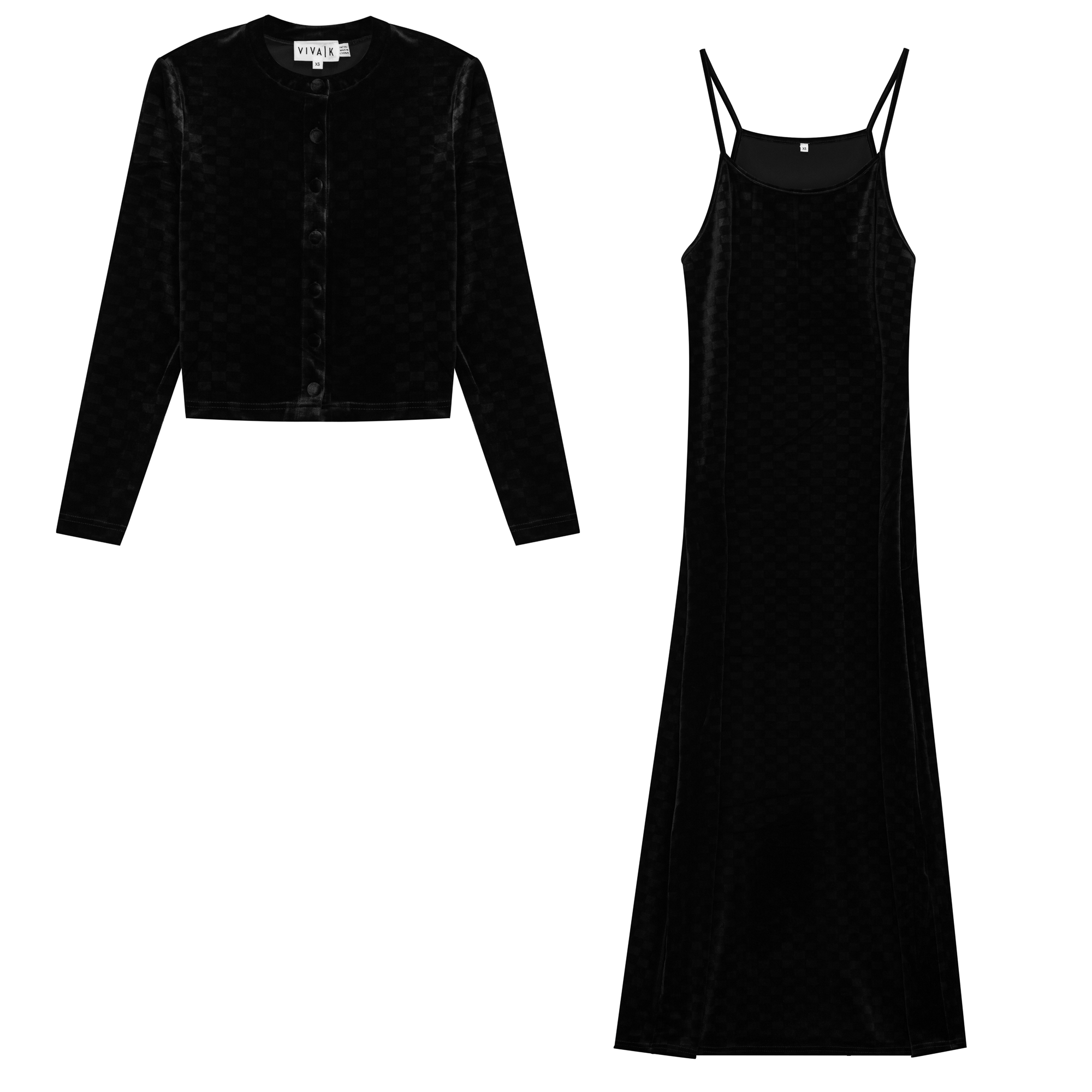 Checked Velour 2 PC Maxi Dress in Black by Viva K