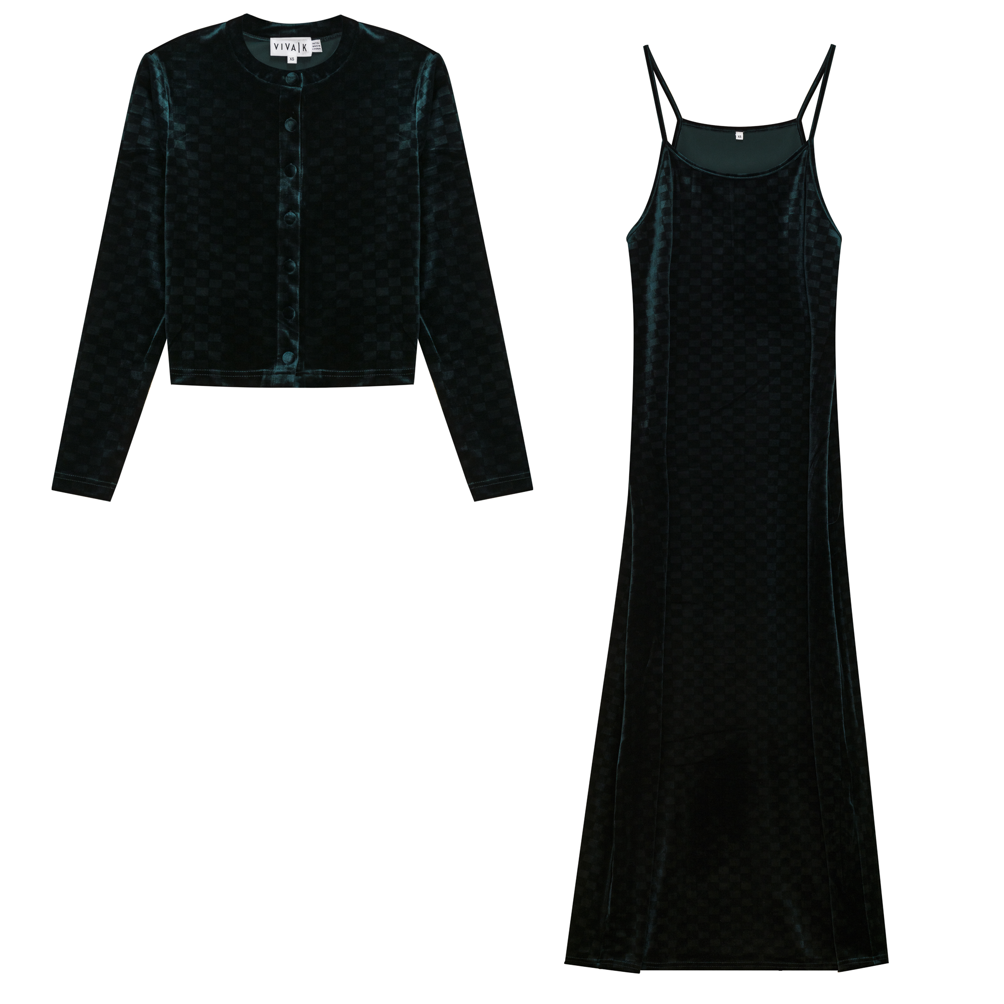 Checked Velour 2 PC Maxi Dress in Everglade by Viva K