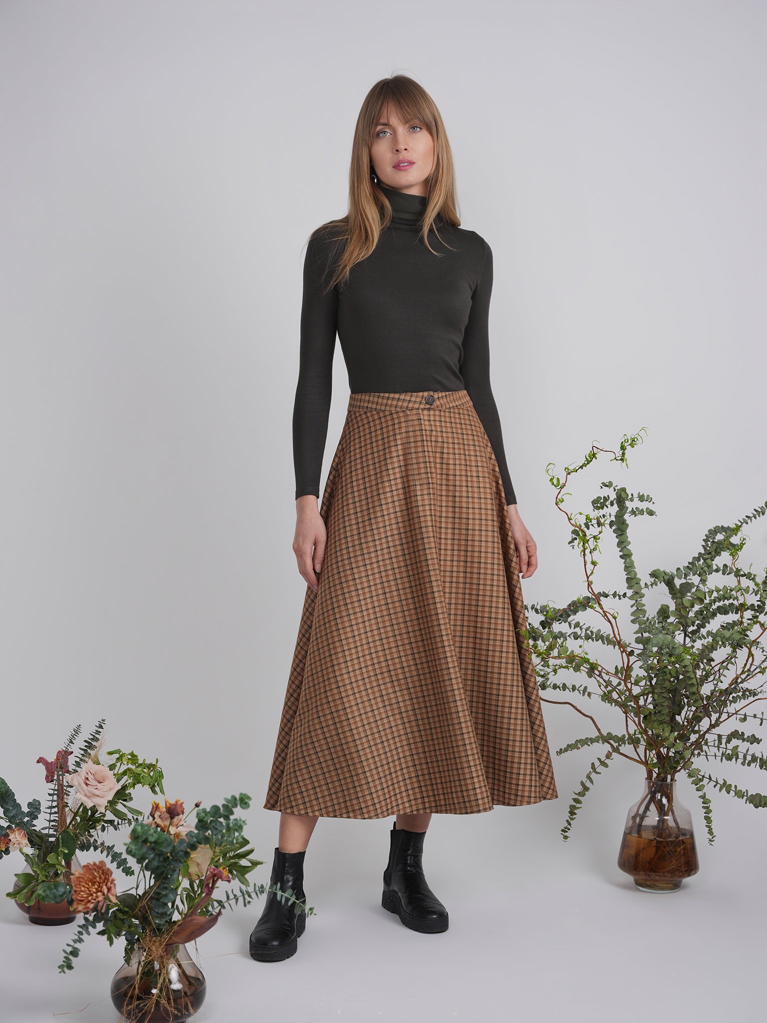 Plaid Fly Front Midi Skirt in by NYC Factory