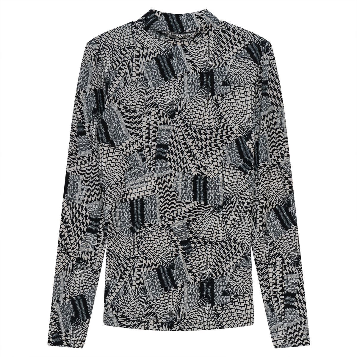 Printed Micro Mock Neck Tee in Black Cream by Riff