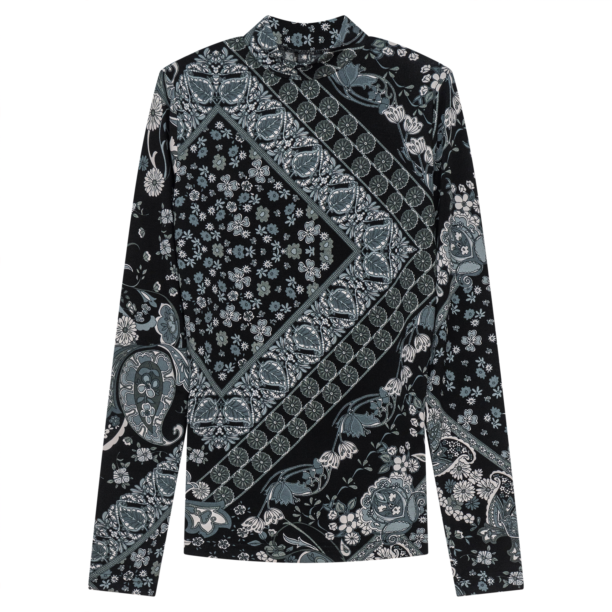 Printed Micro Mock Neck Tee in Black Grey by Riff