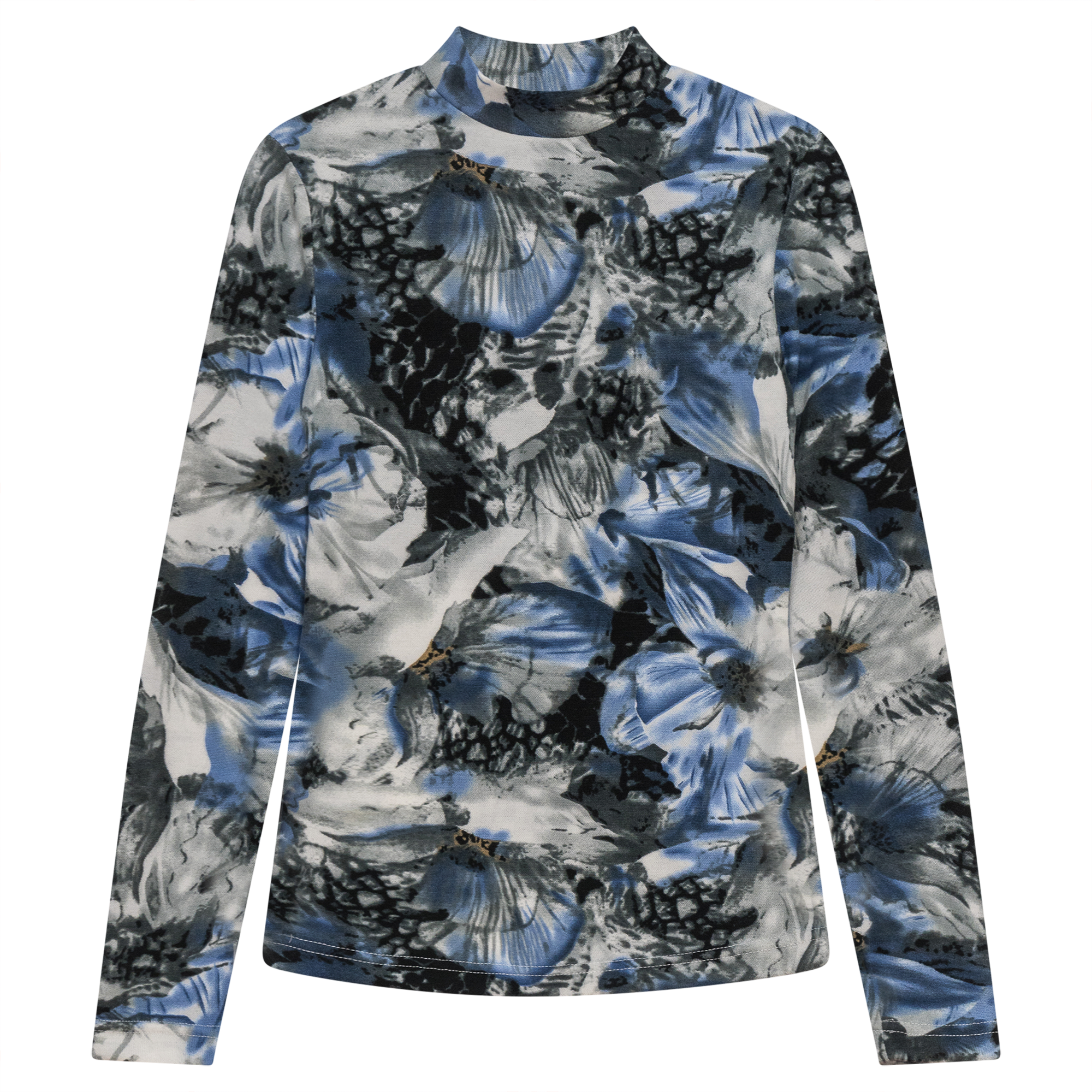 Printed Knit Mock Neck Tee in Black Blue by Riff