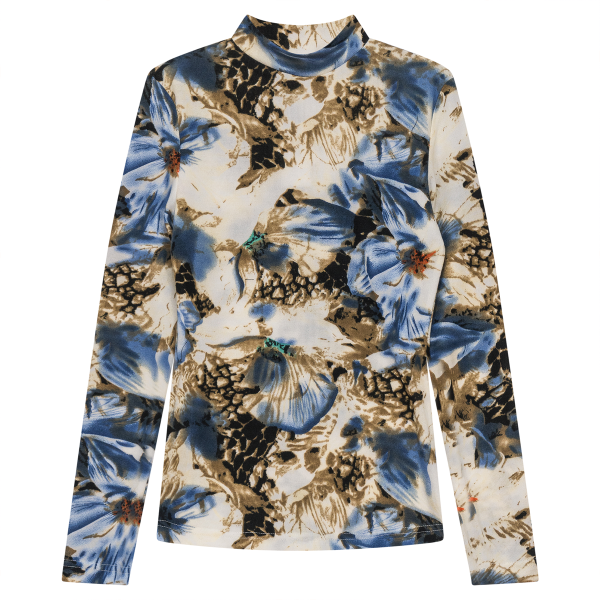Printed Knit Mock Neck Tee in Stone Blue by Riff