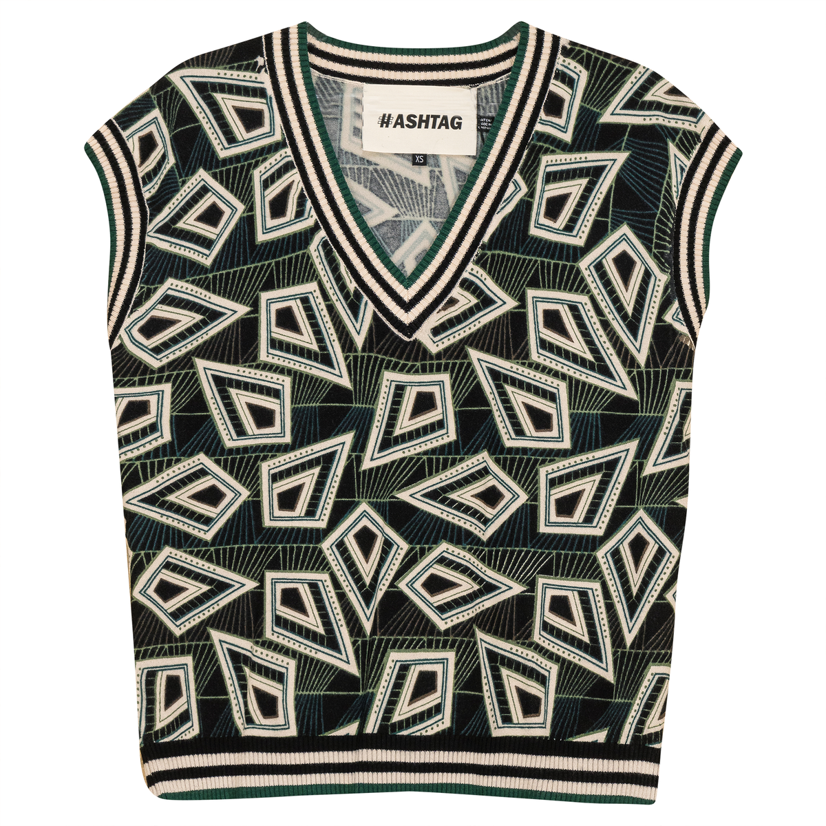 Printed Knit Sweater Vest in Black Olive by Hashtag