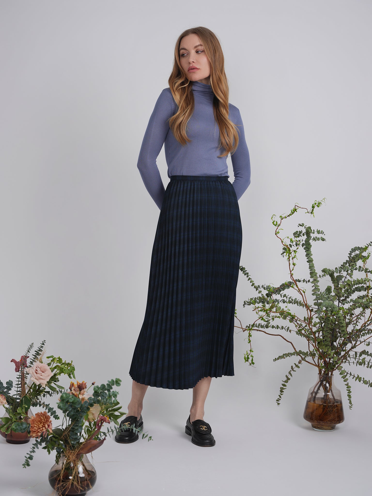 Plaid Accordion Pleated Midi Skirt in by Vivid