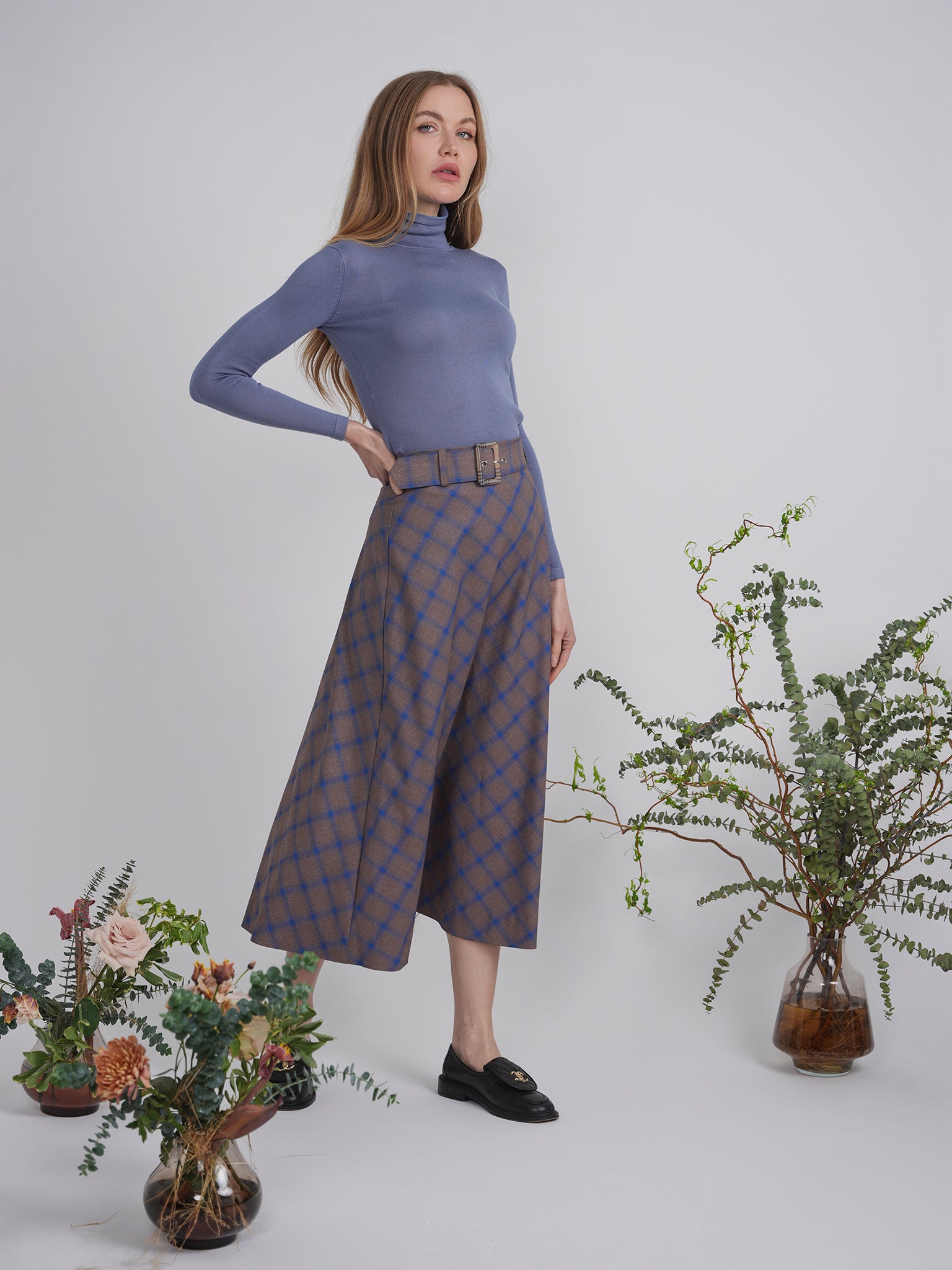 Plaid Belted Skirt in by Midi