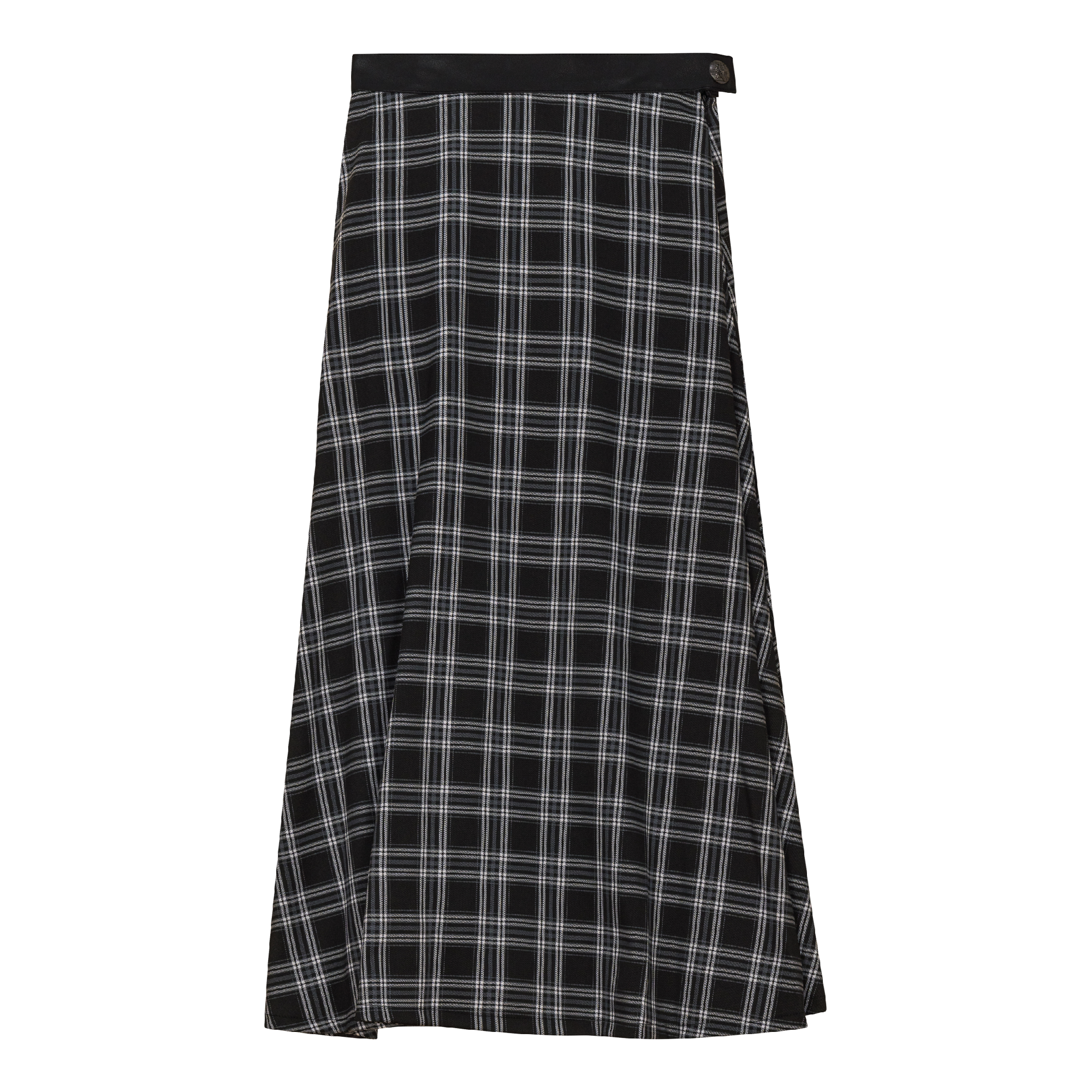 Plaid Fly Front Midi Skirt in Black Grey by Faves
