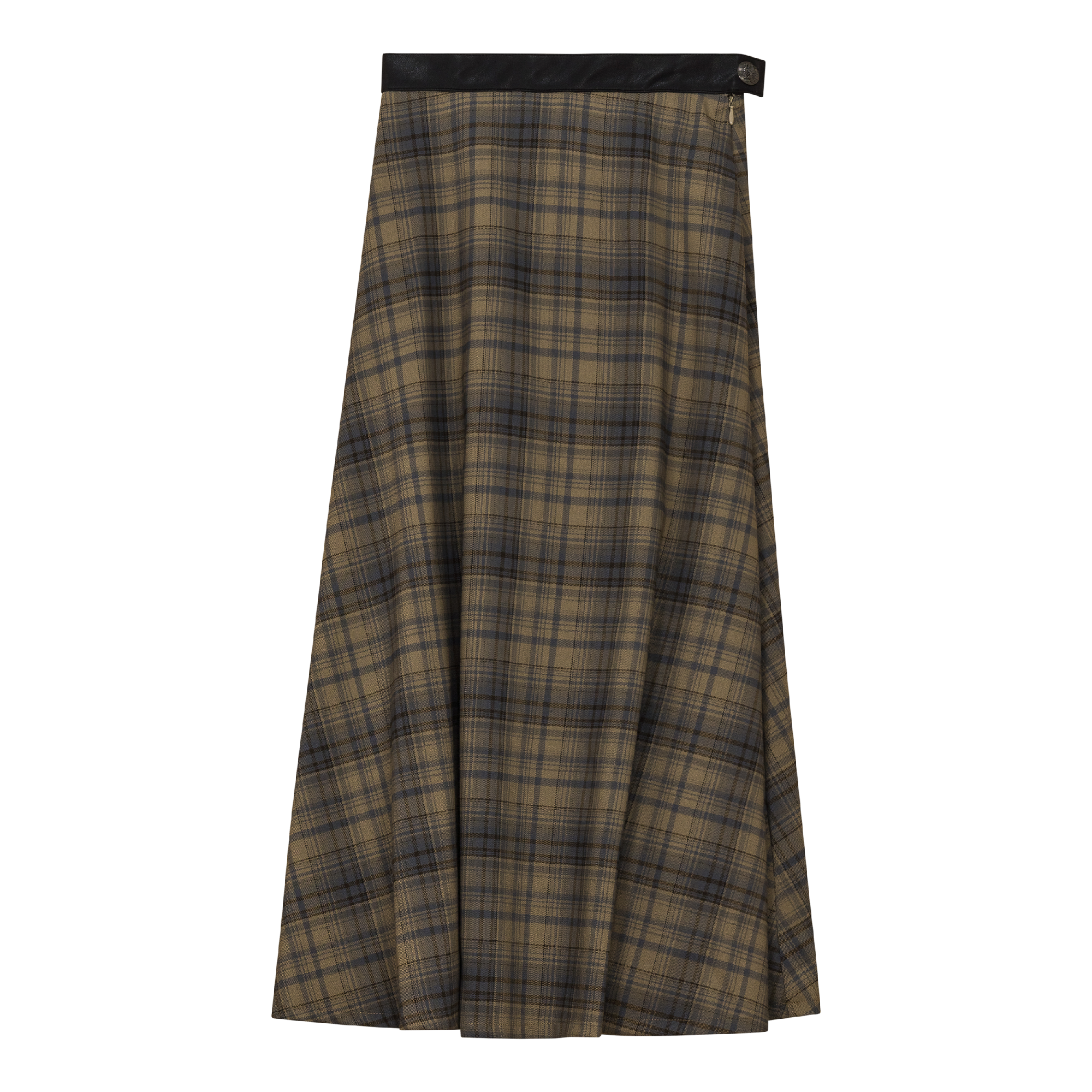 Plaid Fly Front Midi Skirt in Mocha Blue by Faves